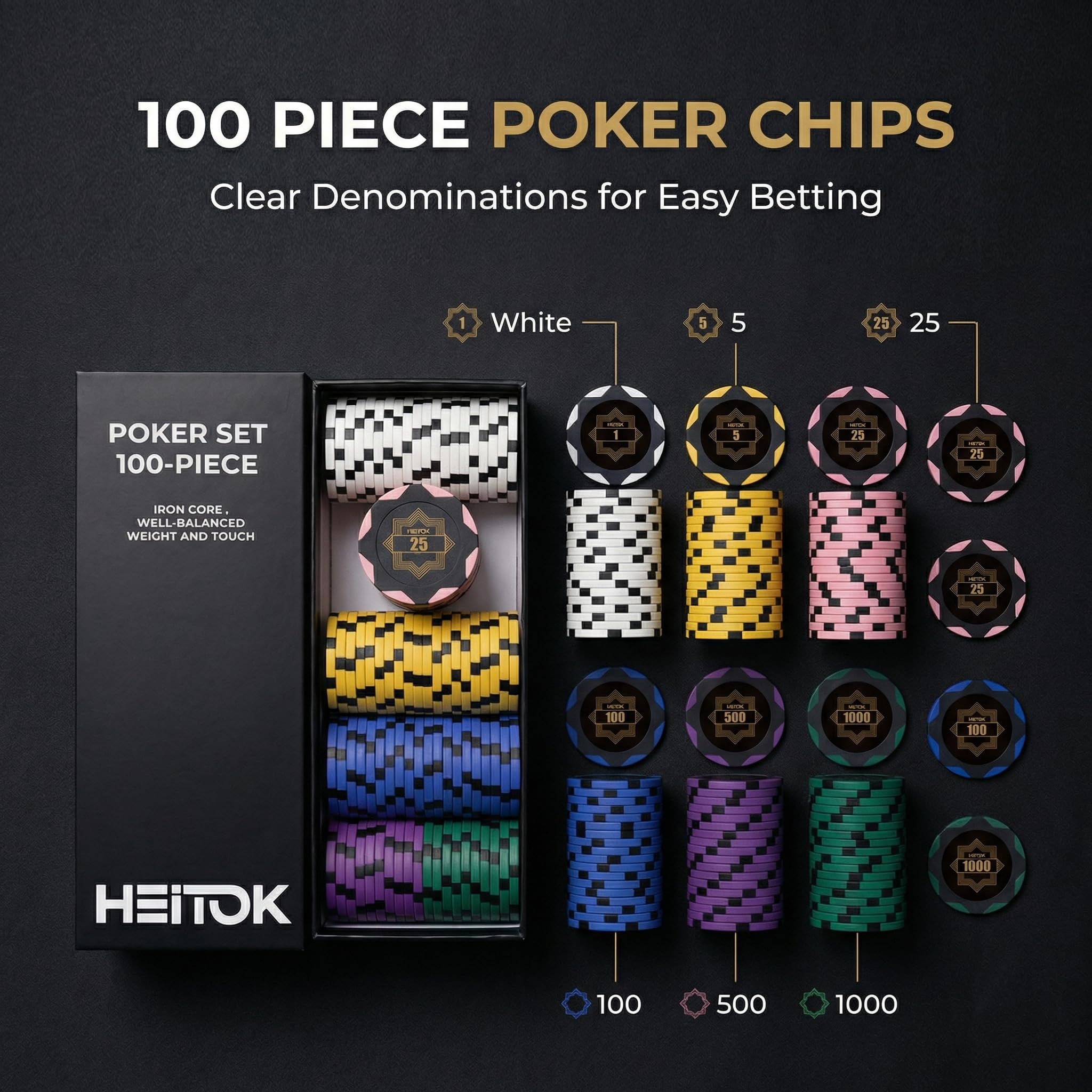 HEITOK Zestaw do pokera 500 sztuk 14g z nominałami w walizce Texas Holdem