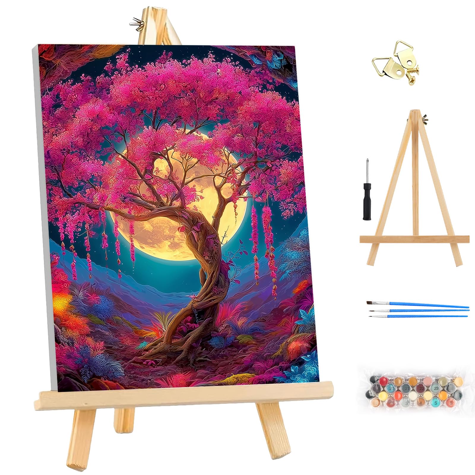 MEIYUDA Paint by Numbers for Adult with Frame & Wooden Easel, Moon Tree of Life DIY Canvas Oil Painting Kit for Beginner, Arts and Crafts Drawing Paintwork for Home Wall Decor 25x35cm