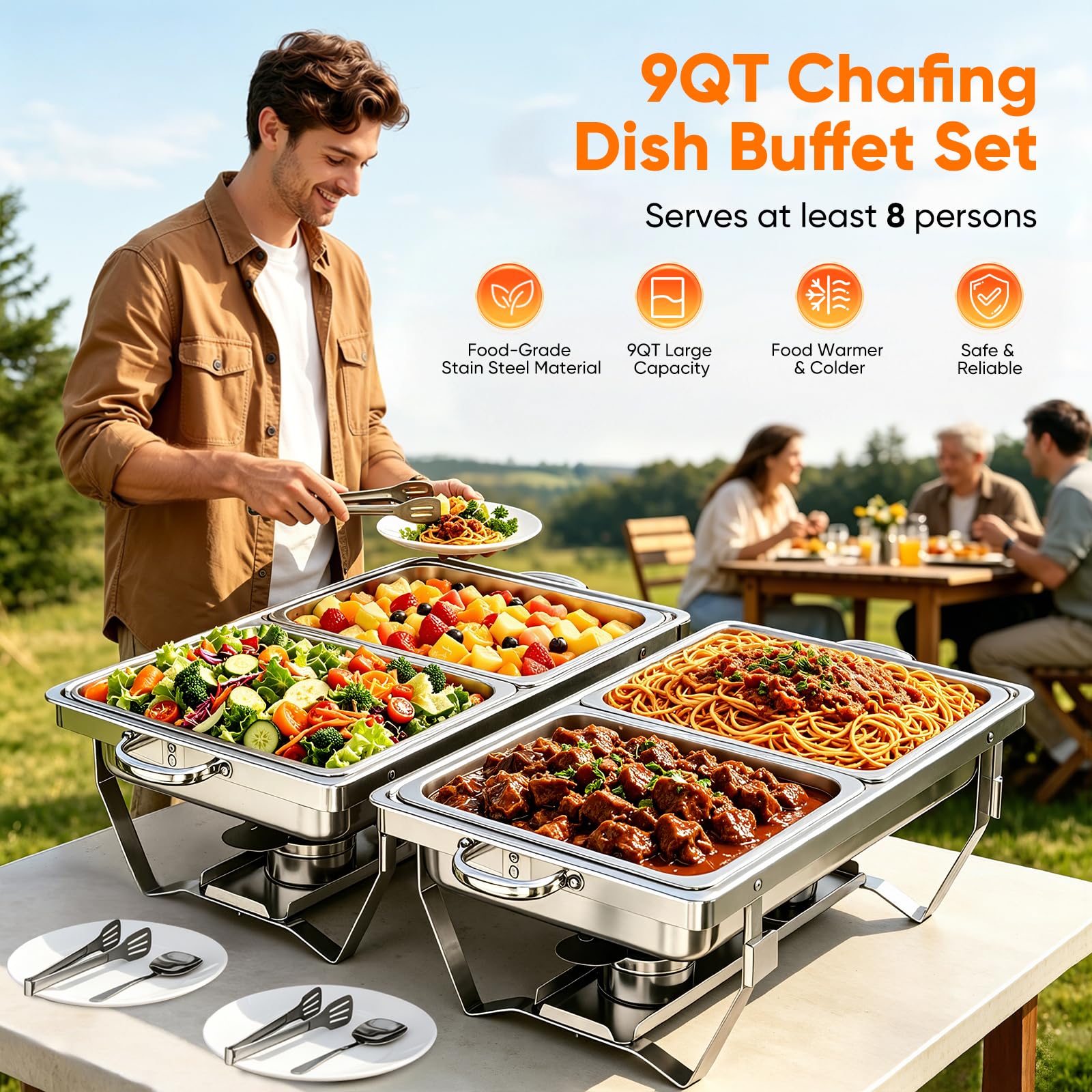 Chafing Dish Buffet Set 9L, 2pcs Edelstahl Warmhaltebehälter mit Deckel Lebensmittelpfannen und Brennstoffhaltern, Speisenwärmer für Catering, Buffet und Party Speisenwärmer