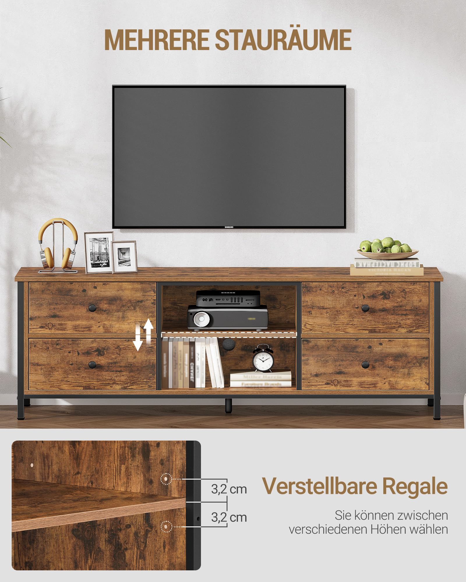Hzuaneri TV-Schrank mit 4 Schubladen, TV-Ständer für TV-Geräte unter 65 Zoll, mit 2 offenen Fächern, 40 x 147 x 50 cm, Fernsehschrank für Wohnzimmer, Schlafzimmer, Vintagebraun-Schwarz TV16801B