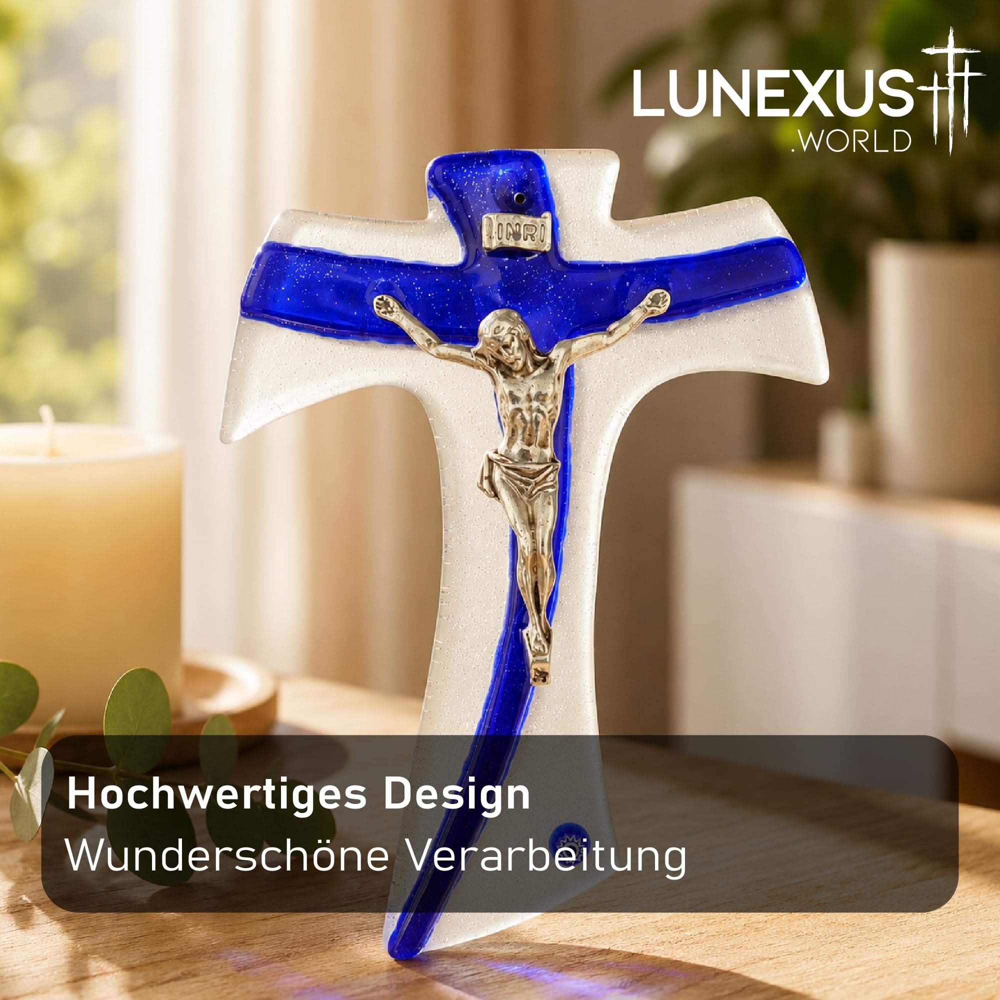 Lunexus Szklany krzyż ścienny 16 cm z korpusem Jezusa INRI biały/niebieski