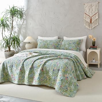 QSH 3Pcs Oversized King Bedspread Set120"x120",100% Cotton Green Floral Quilt Bedding Set Flower Bird Butterfly Printed Bedspread Coverlet California King Oversized Lightweight Soft Bedding Set