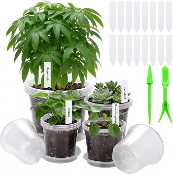10/7/6/5 Inch Clear Nursery Pots with Drainage & Saucers, 16Pack Large Plant Pots with Labels, Seedling Tool & Hole Puncher, Plastic Nursery Pots for Succulents, Seedings, Herbs, Flowers, Vegetables