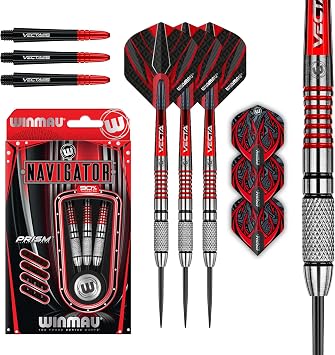 Winmau Darts Navigator Series 90% Tungsten Professional Steel tip Darts Set with Dart Flights and Dart Stems Shafts Available in 21g & 23g