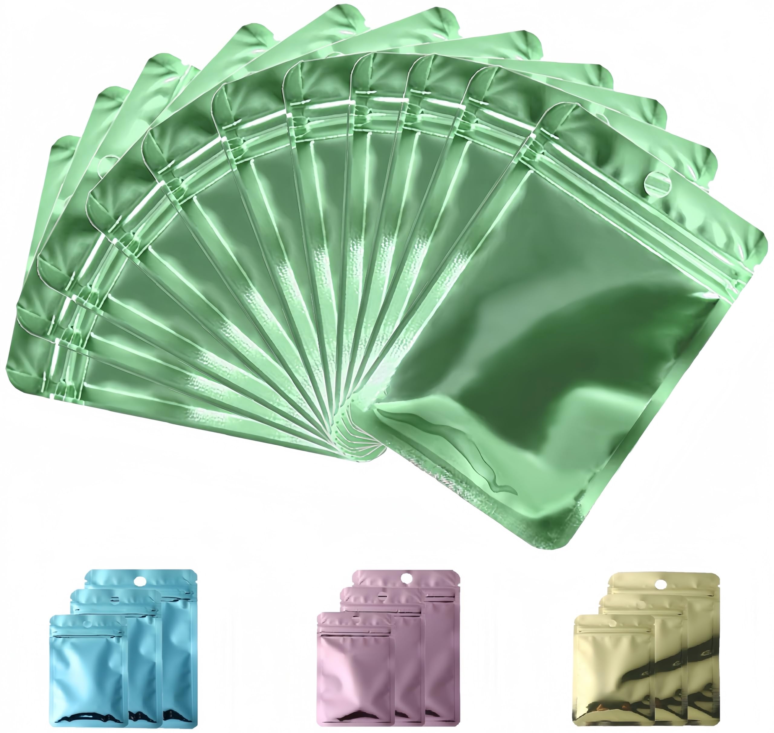 Rimiko Metallic Green 50Pcs Resealable Sample Bags, Small Ziplock Mylar Bags With Hanging Hole, Clear Foil Bags For Sample Packaging, Retail, Food And Items Storage (, 5.5"X 7.9")