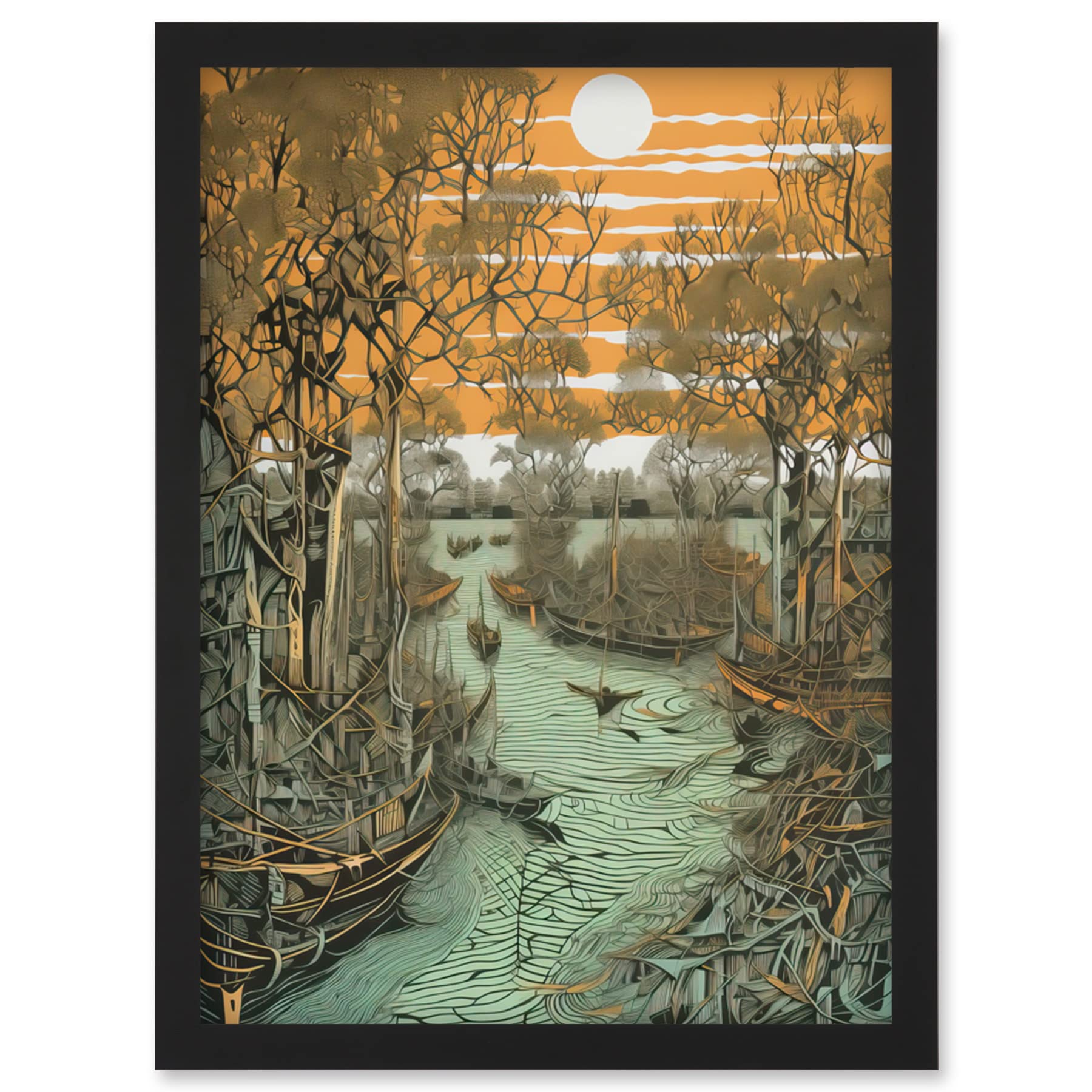 Artery8 Mangrove Forest Swamp Landscape Linocut Style Artwork Framed Wall Art Print A4