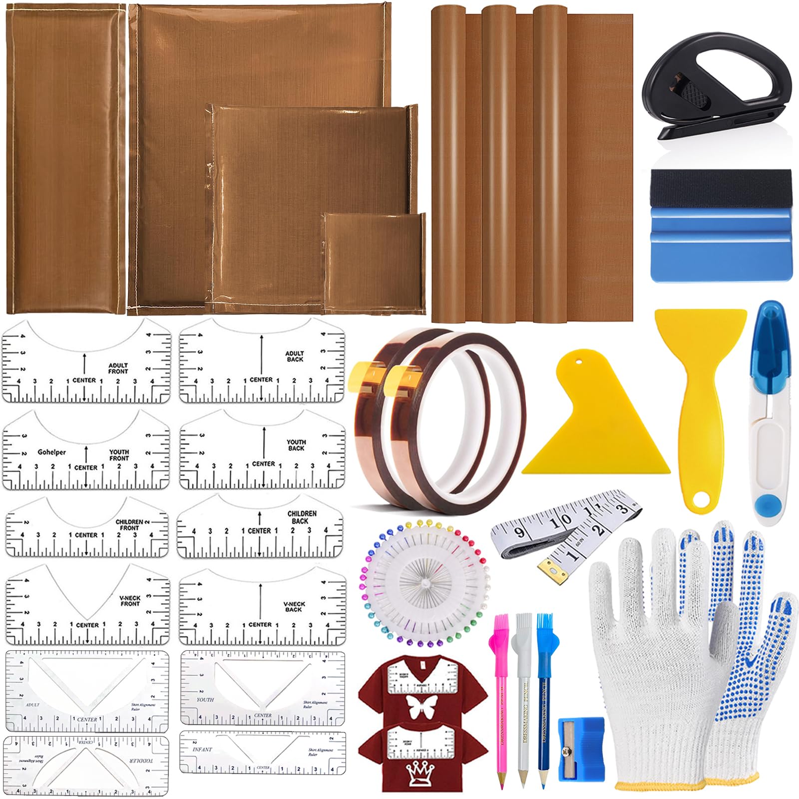 Heat Press Pillow Bundle Tools Kit Include 4 Heat Pressing Transfer Pillow Mat 3 Pack Teflon Sheet for Heat Press 2 Rolls Heat Resistant Tape 12 Different Size T Shirt Guide Ruler