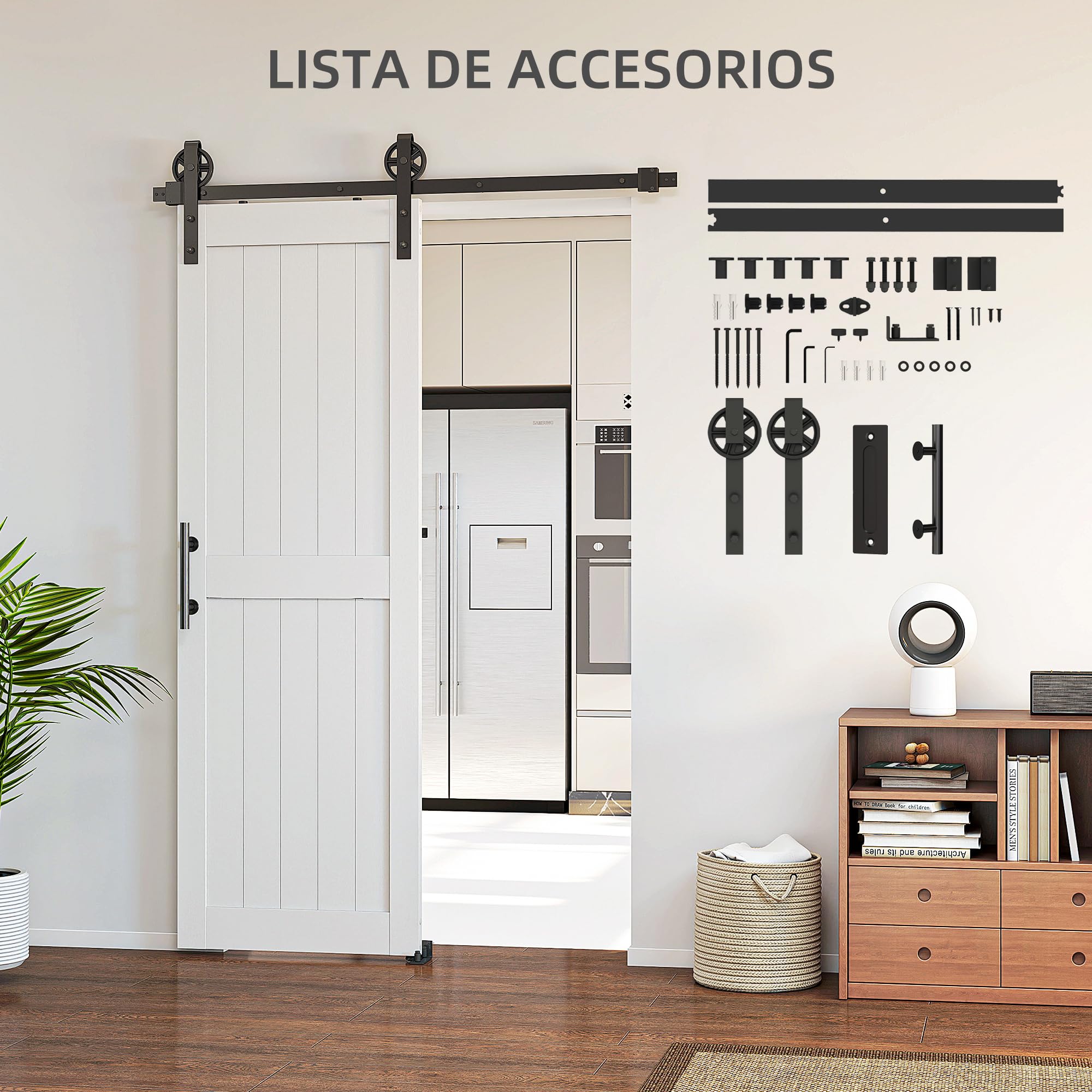 HOMCOM Puerta Corredera de Granero con Herrajes 71,5x213,4 cm Puerta Corredera de Interior con Manija Rodillo y Guía de Suelo Mejorados para Baño Salón Sala de Estar Blanco