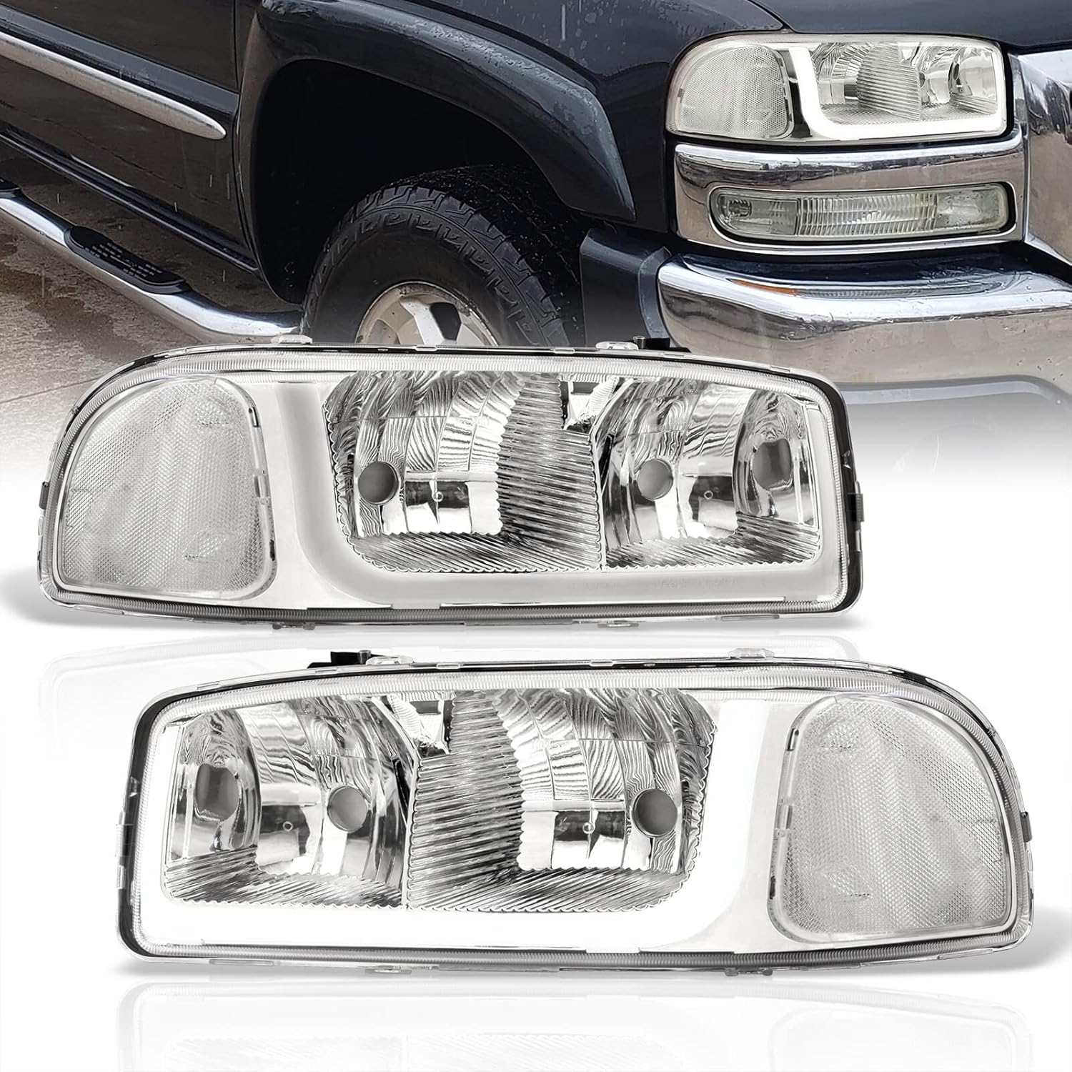 AJP Distributors Chrome Housing Clear Lens Corner LED DRL Tube Headlights Driving Signal Lamps Pair Compatible/Replacement For Sierra 1500 2500HD 3500 Yukon XL 1999 2000 2001 2002 2003 2004 2005 2006