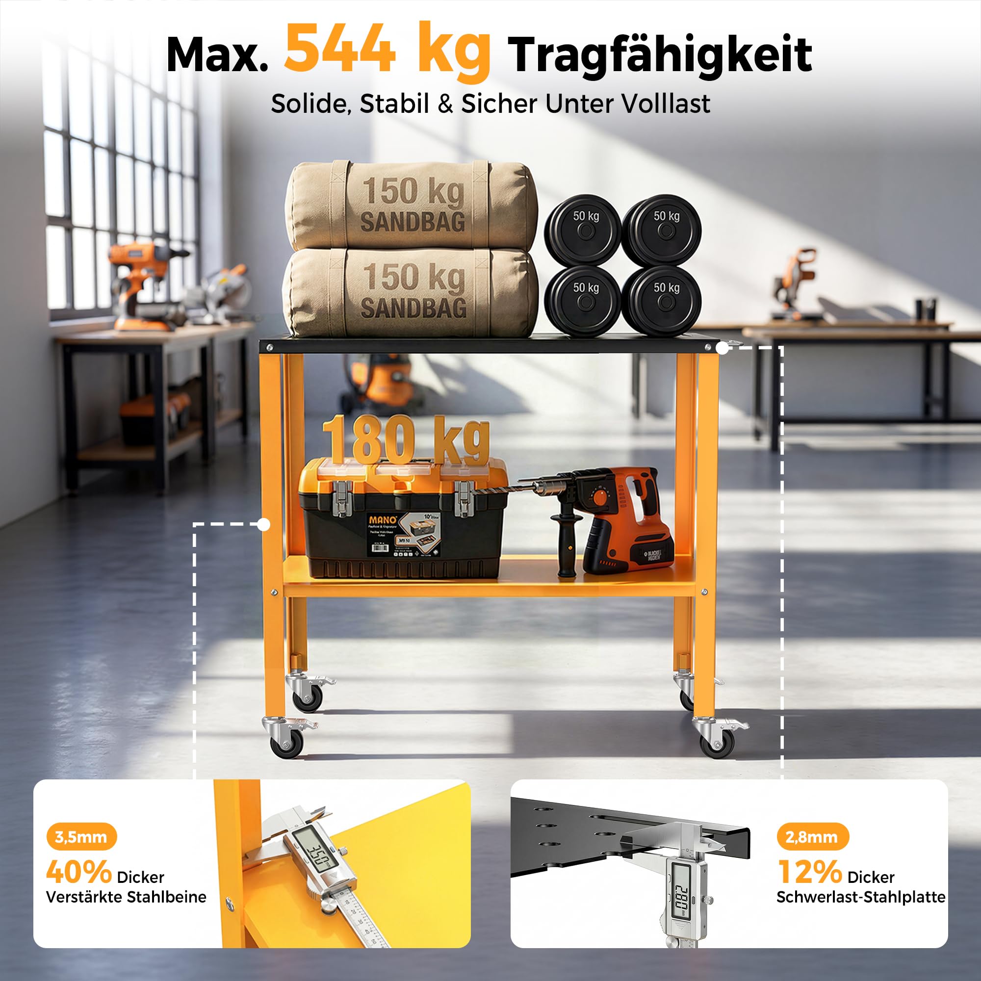 Mobiler Schweißtisch 91x46 cm, Tragkraft 544 kg, Werkbank Tischplatte für Schwarzer Oxidbeschichtung, 4 Feststellbare Rollen & Werkzeugschlitzen, 94 Befestigungslöcher, Stabil & Flexibel für Werkstatt