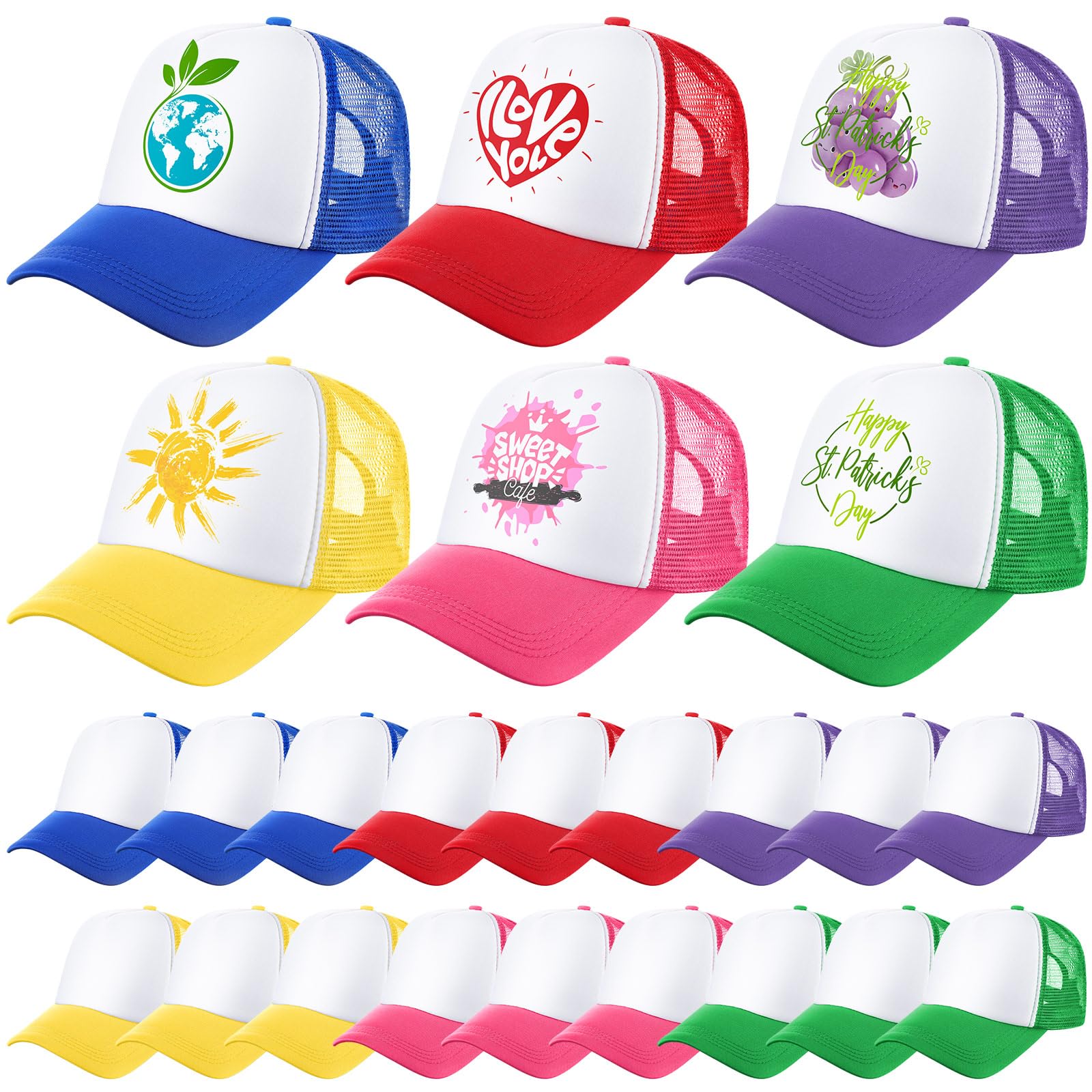 Patelai 24pcs Trucker Hats Bulk DIY Blank Mesh Baseball Cap Adjustable Sublimation Wholesale Camp Birthday Party(6 Color,Kid)