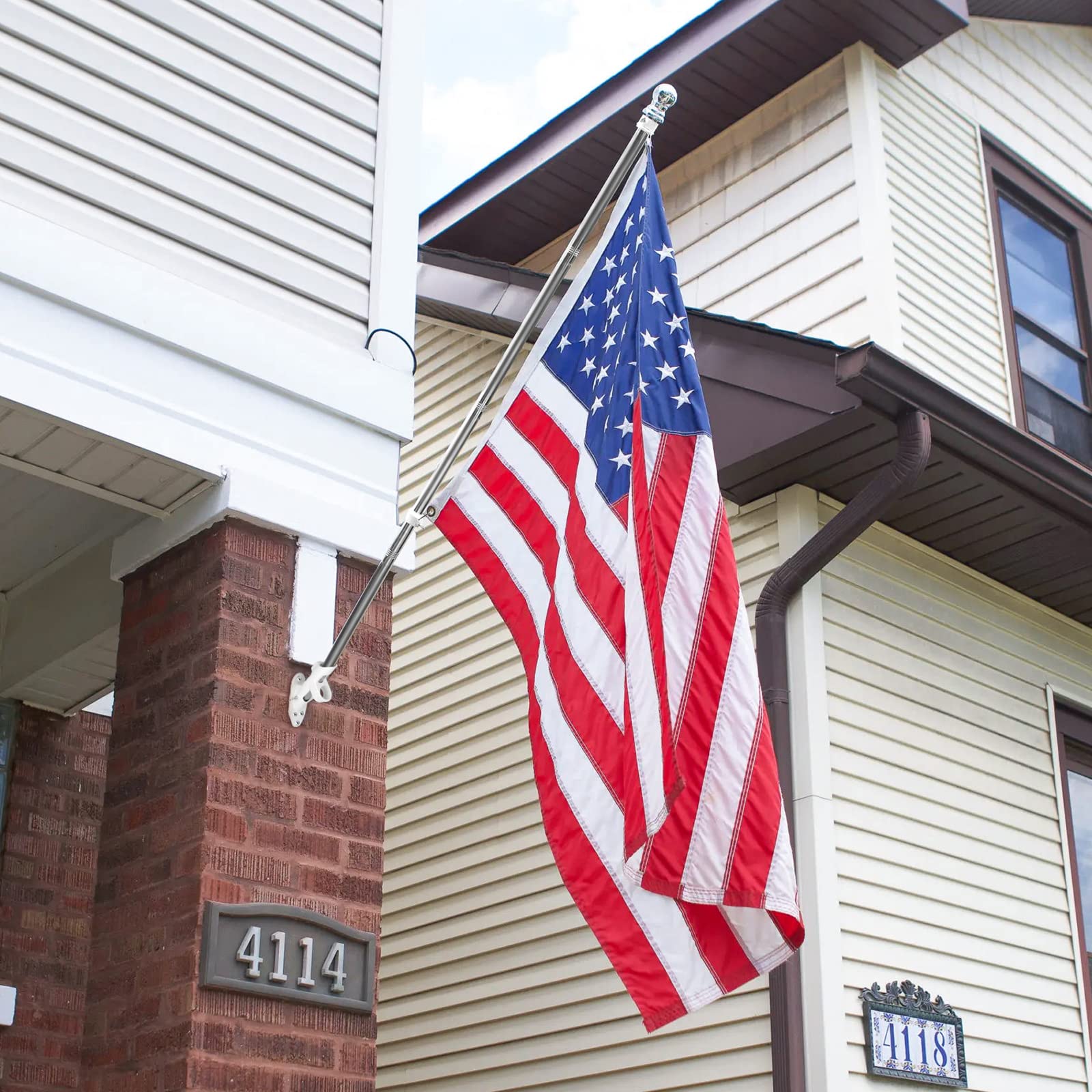 Winthai 2 Sets 5FT Flag Pole Kit Stainless Steel Professional Flag Pole Wall Mounted American Flagpole with Two-position Bracket for House Garden Yard Roof Residential Commercial