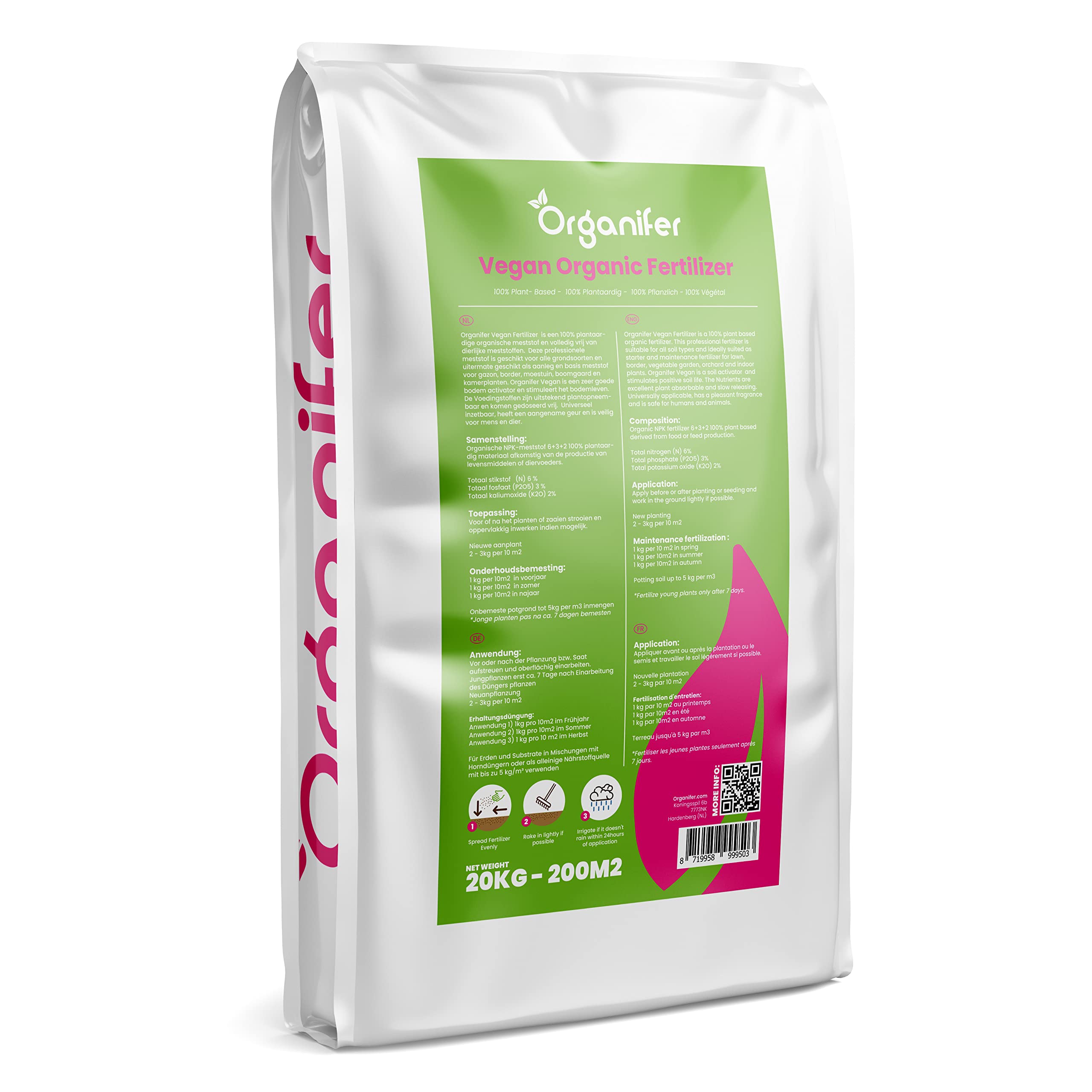 Veganer Pflanzendünger - 20kg = 200m2 | Organischer Langzeitdünger Für Garten Und Rasen - Umweltfreundlich Und Reich An Nährstoffen - Organifer