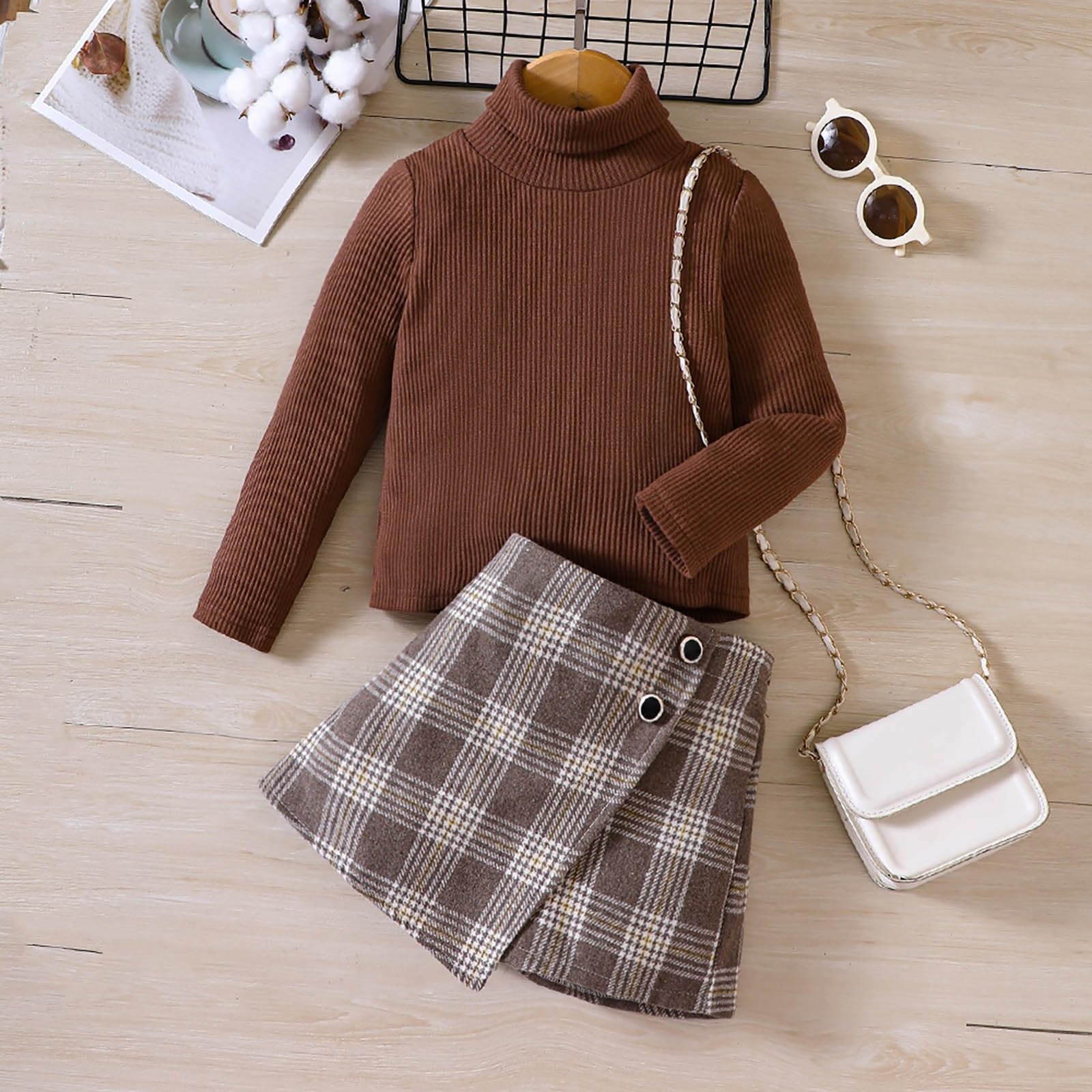 Kleinkind Kinder Baby Mädchen Herbst Winter Kleidung Set Langarm Rollkragenpullover Tops Faltenröcke Outfits Langarm Solide Pullover Tops + Knopf Rock 2-teiliges Kleidungsset