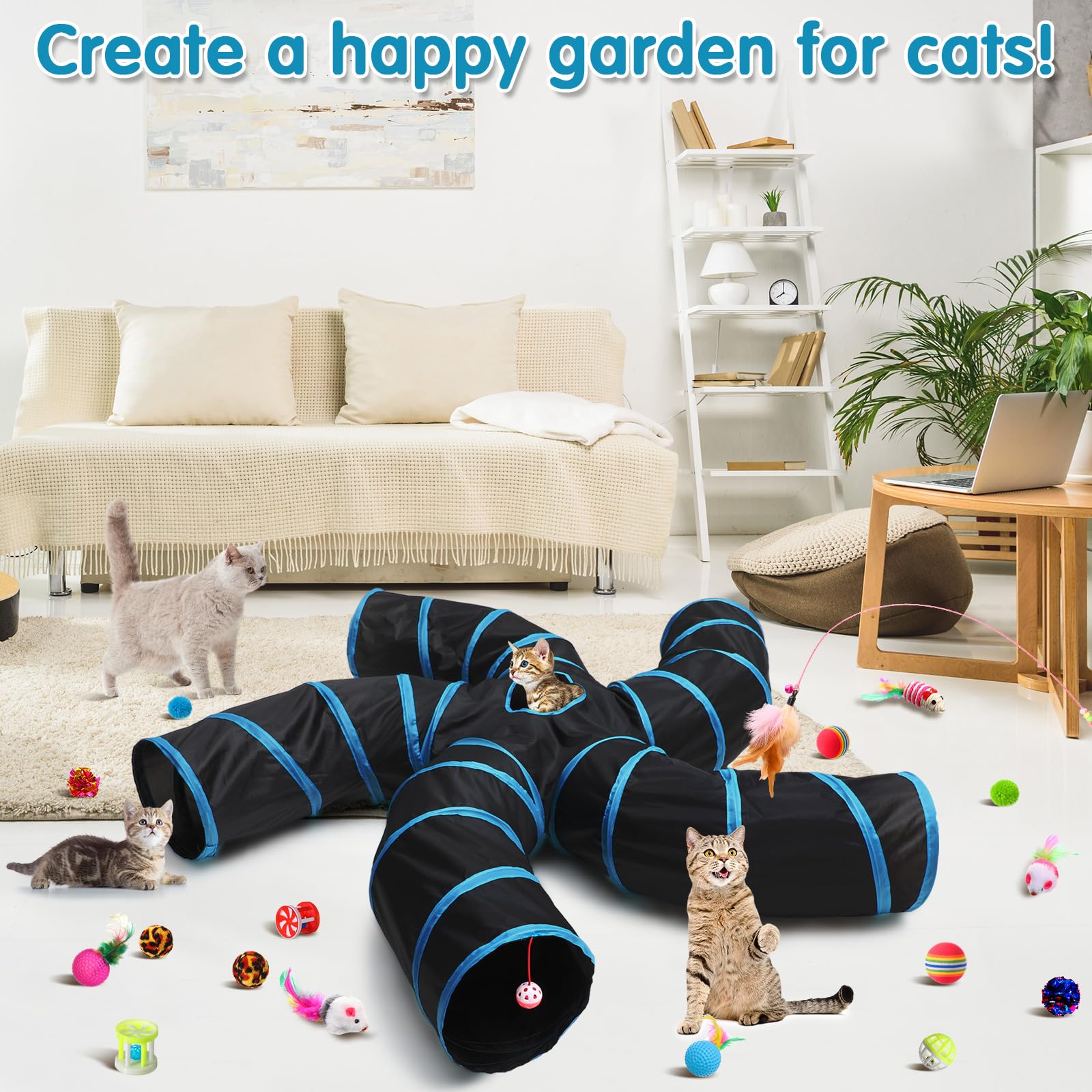 Poen Juego de 21 juguetes para gatos con túnel plegable de 5 vías para gatos de interior y 20 juguetes para gatitos, juguete interactivo de plumas para gatos, bolas arrugadas, tubo grande para gatos