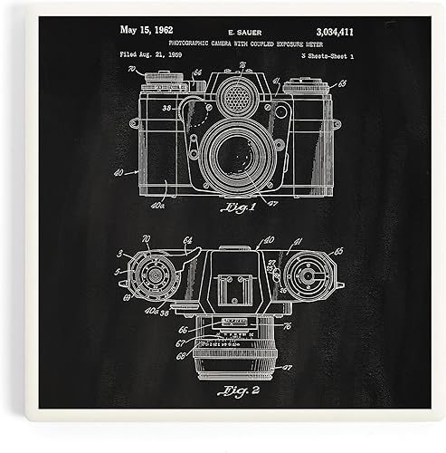 Patente de pizarra, cámara con medidor de exposición (posavasos de cerámica absorbente, individual, parte trasera de corcho, decoración de mesa de