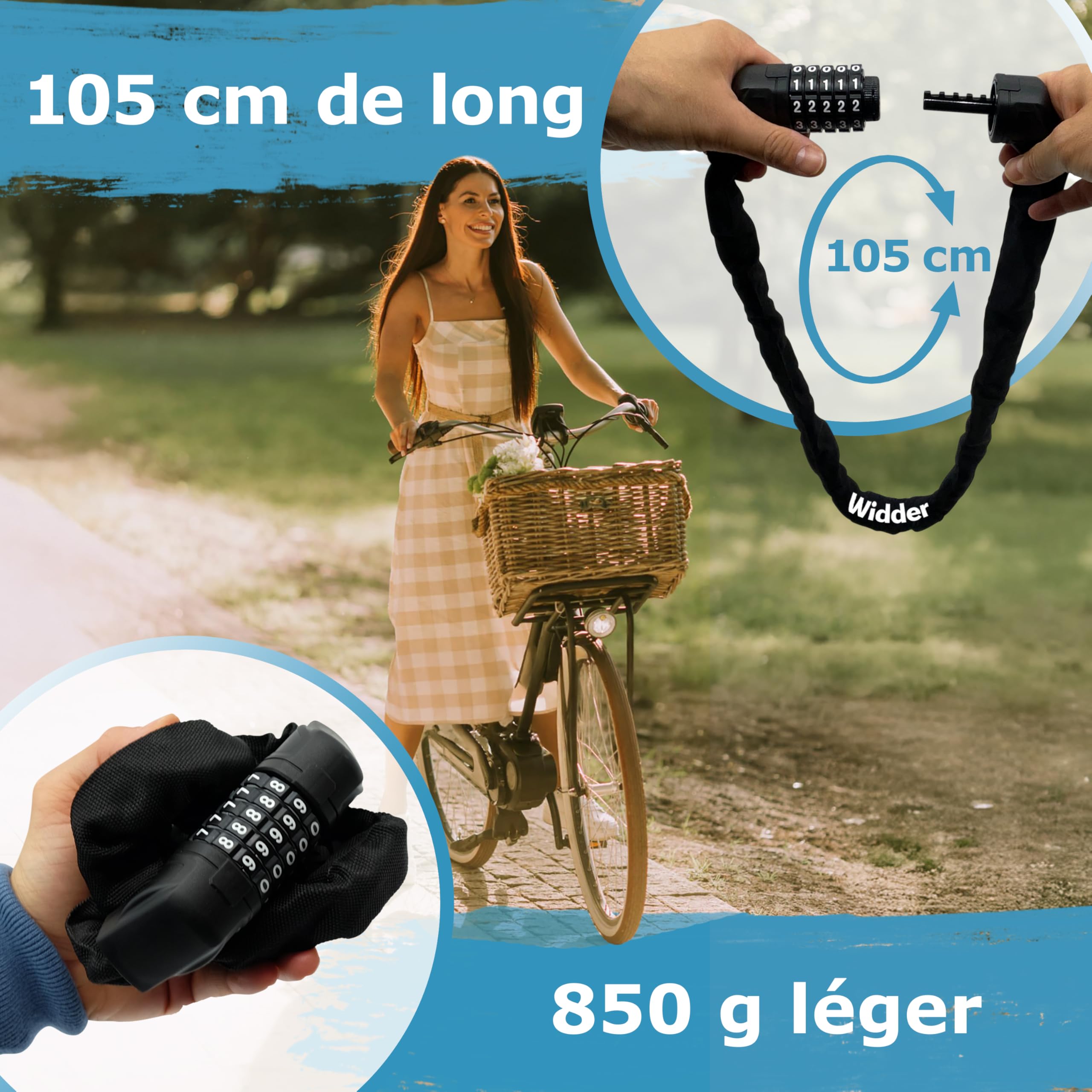 WIDDER antivol à combinaison vélo [5 chiffres, 850 g] antivol à code