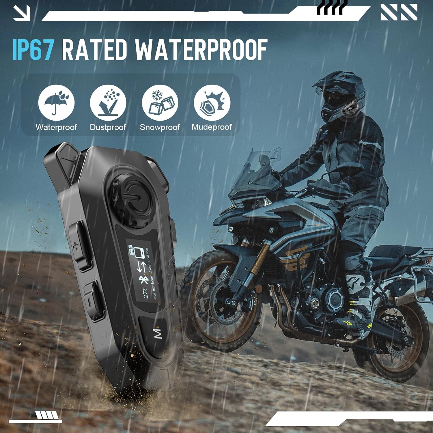 Motorcycle Bluetooth 5.4 Headset with LCD Screen,Motorcycle Helmet Speakers with 2 Mic,3D Stereo Sound,48h Music&FM,Noise Reduction and Waterproof Headset for Helmet Accessories