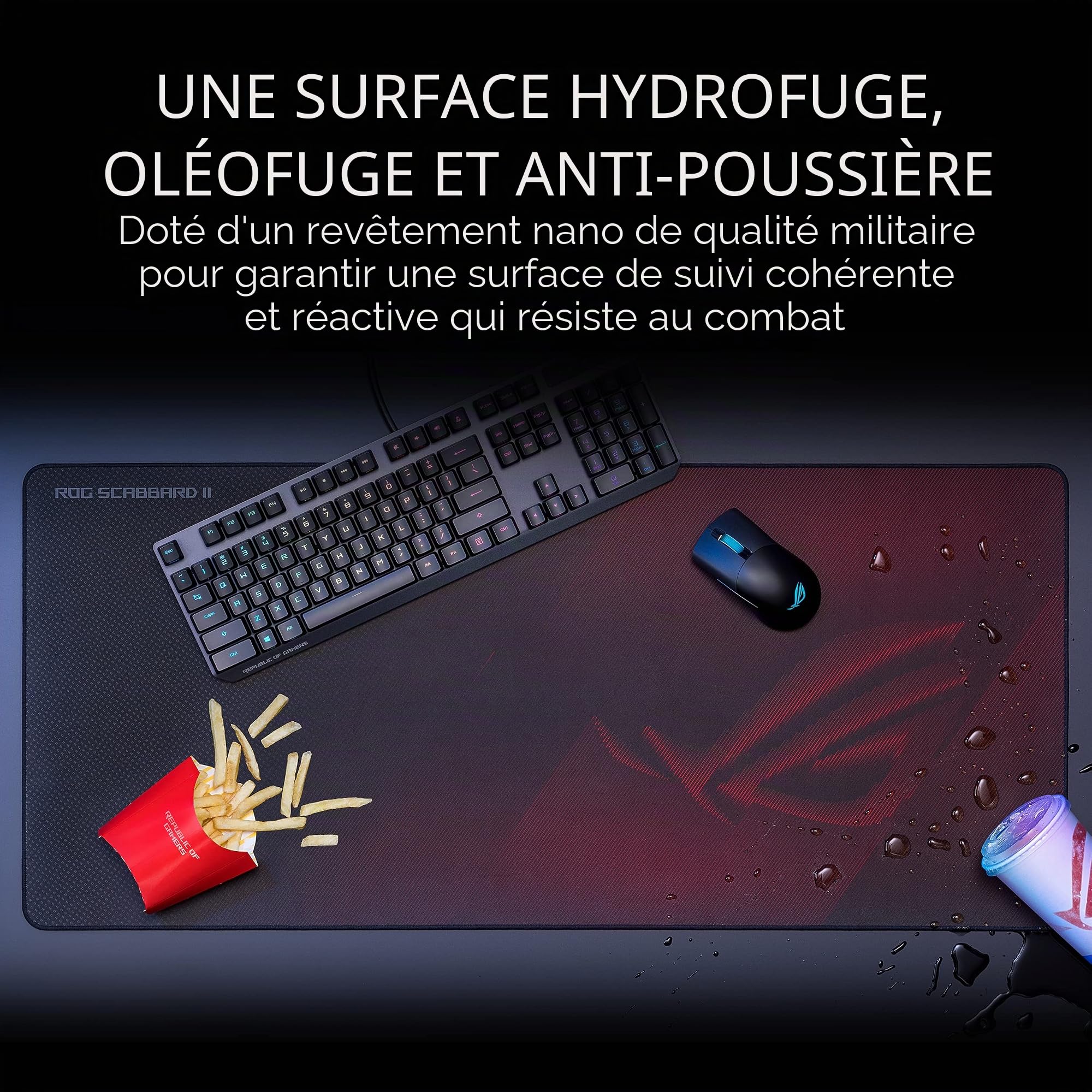 ASUS ROG Scabbard II Extended Gaming Mouse Pad | Nano Technology Smooth Glide Tracking | Revêtement de Protection pour l'eau, l'huile et la poussière | Bords Plats Anti-effilochage | Base en