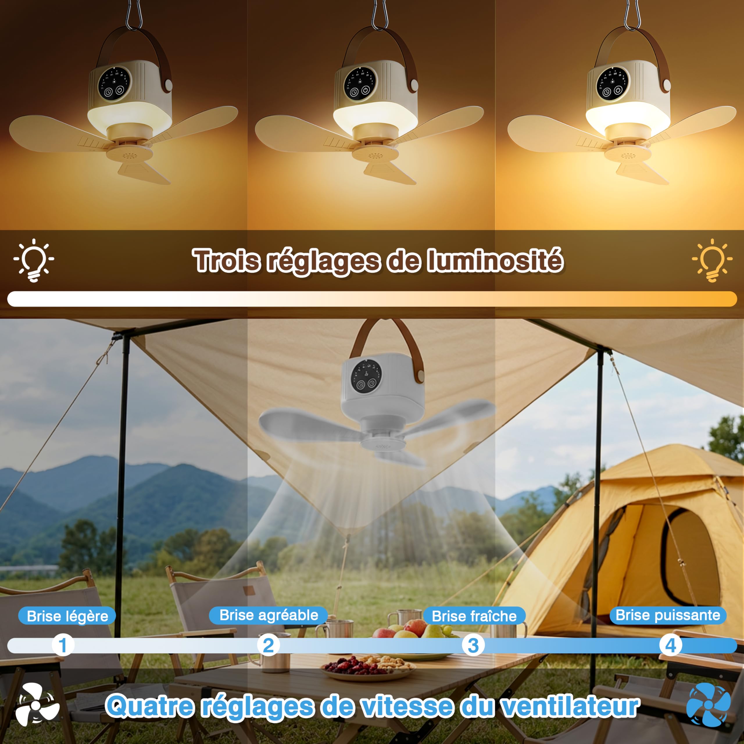 IEEILULU 8000 mAh Ventilateur Plafond Avec Lumiere, L'intérieur Et L'extérieur 35dB Silencieux Ventilateur Portable Rechargeable, Camping 3 in 1 Tischventilator, Ventilateurs De Plafond Et Portable