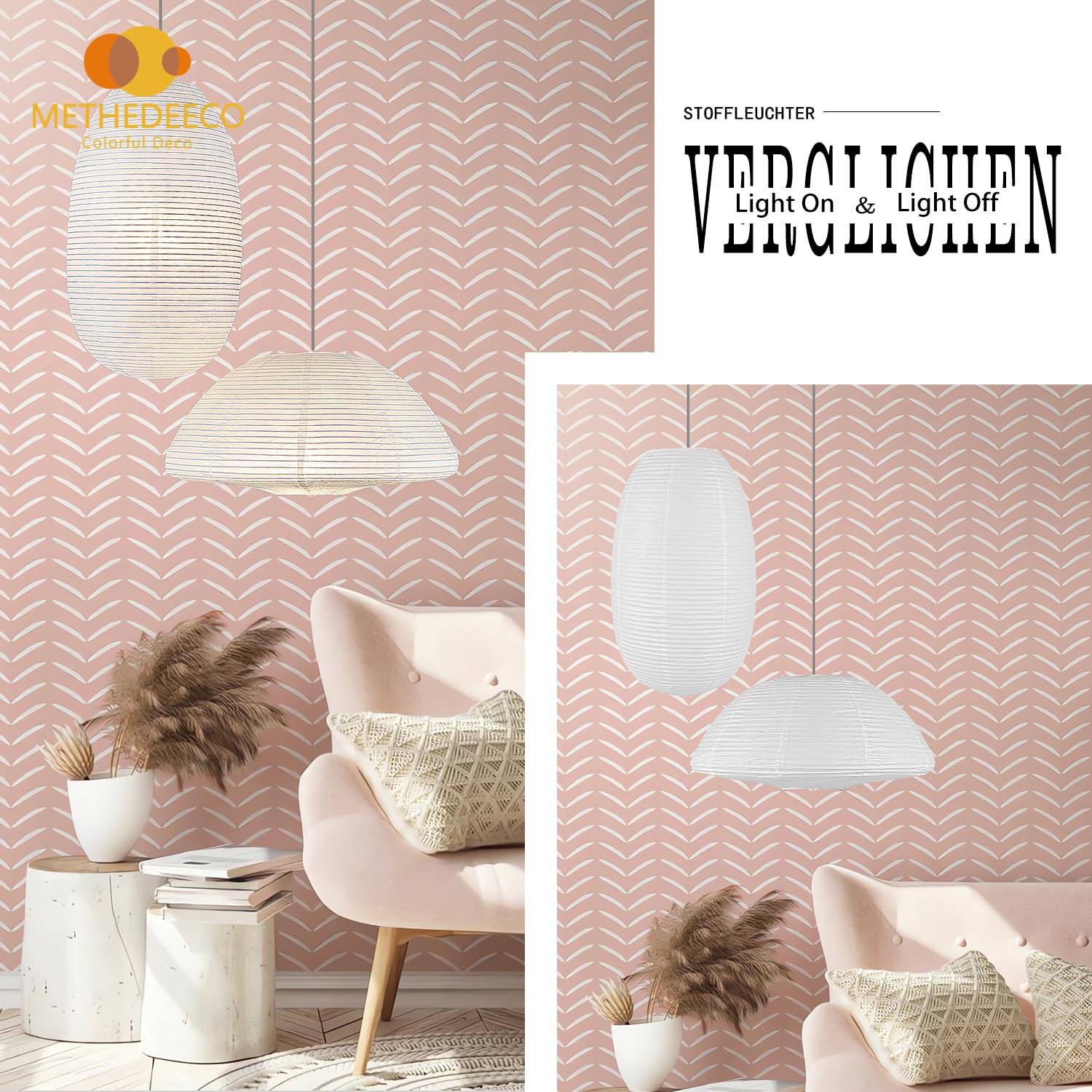 METHEDEECO paralume carta di riso 50 cm bianco 2 pezzi, semisferico ed ellittico, stile lanterna cinese, decorazione per interni