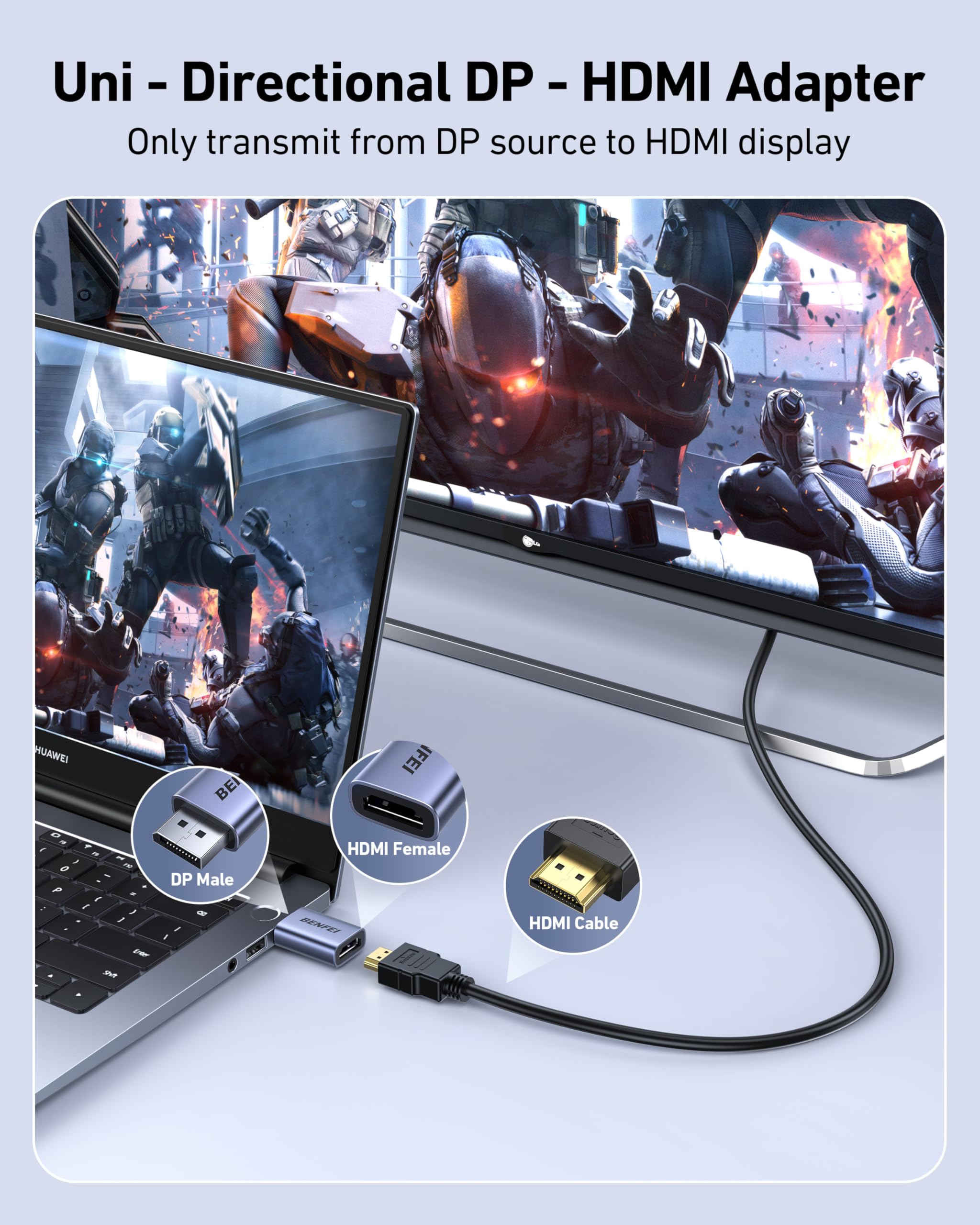 BENFEI Adattatore DisplayPort a HDMI 4K, confezione da 2, convertitore unidirezionale DP 1.2 a HDMI 1.4 maschio a femmina - Compatibile con laptop, desktop, monitor, HDTV, schede grafiche AMD/NVIDIA