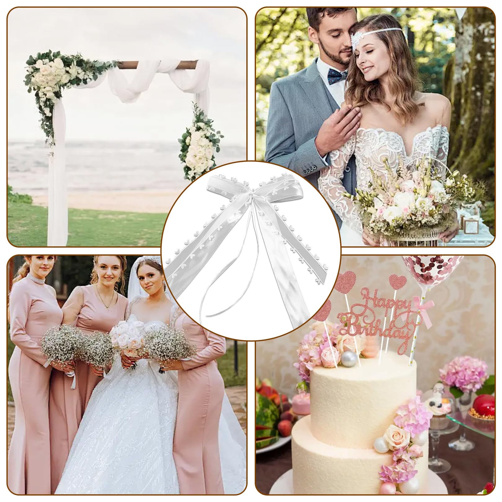 Fiocchi Per Auto Matrimonio In Raso Con Cuori, 50 Pezzi, Bianco, 12x19 Cm - 2