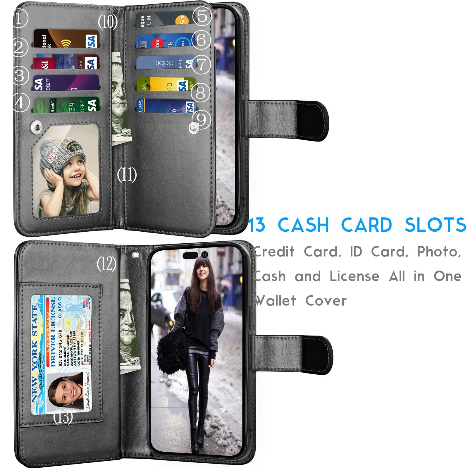 Tekcoo Wallet Case Compatible with iPhone 15 (6.1 inch) 2023 Luxury ID Cash Credit Card Slots Holder Carrying Pouch Folio Flip PU Leather Cover [Detachable Magnetic Hard Case] with Strap [Black]