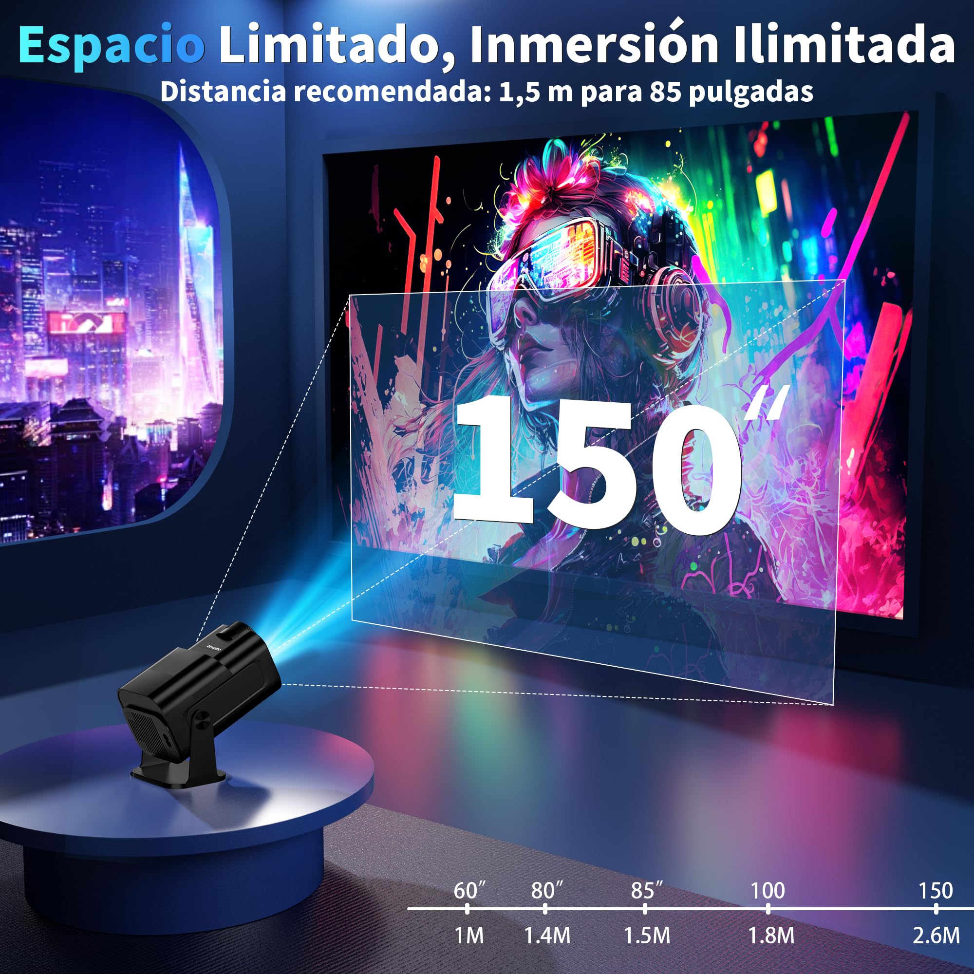 [App Integrada & 2026 Upgraded] Mini Proyector 4K 1080P Proyector Vídeo con WiFi 6 Bluetooth 5.2 Support Gira 270° Corrección Trapezoidal Automática para HDMI/TV Stick/PC/USB, Negro