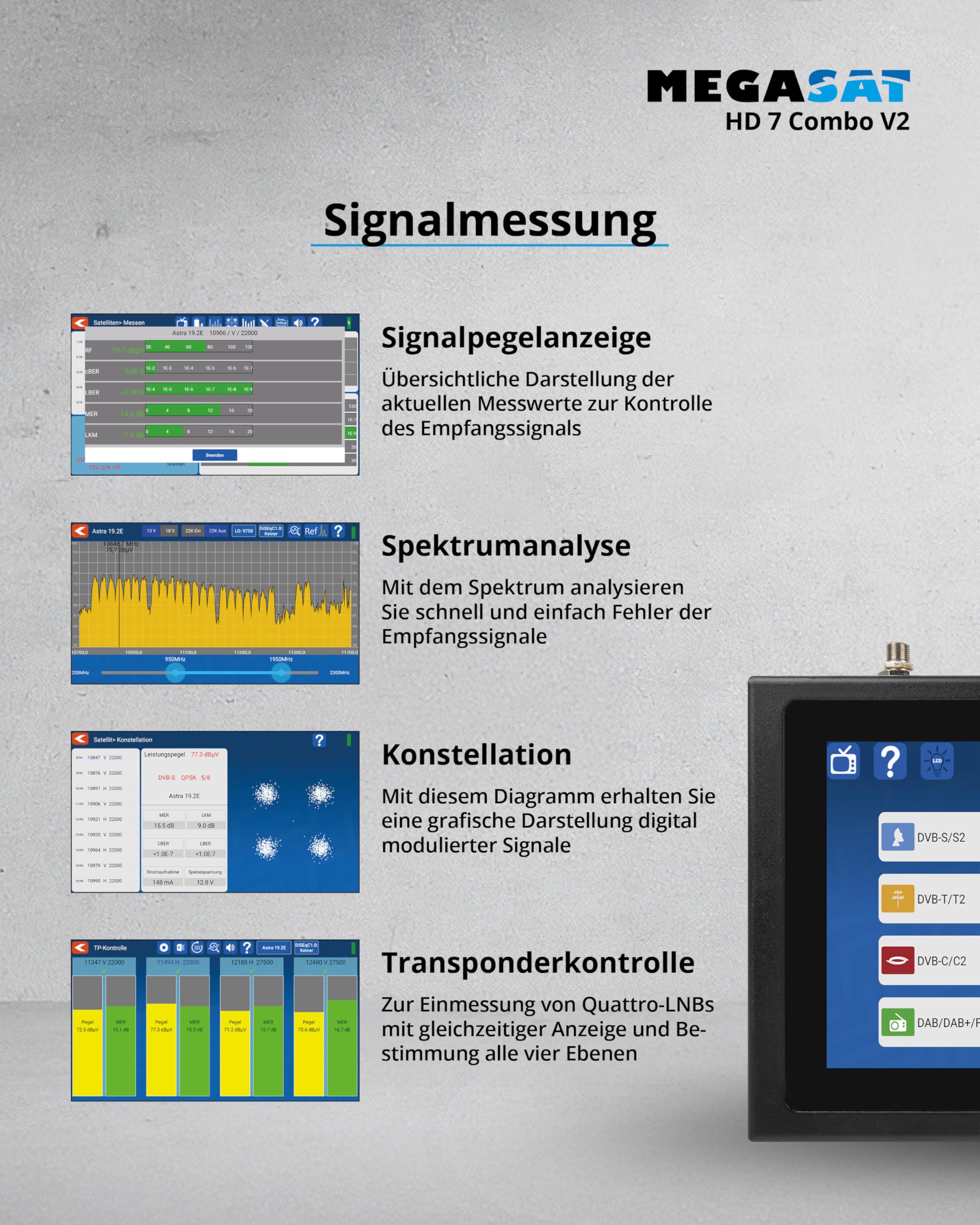 Megasat HD 7 Combo V2 – Combo-Messgerät mit Live-TV-Bild – Schwarz | Für DVB-S, DVB-S2, DVB-T, DVB-T2, DVB-C, DAB+, Unicable, 8,9″ Farbdisplay, Touchdisplay, Akku, Lampe
