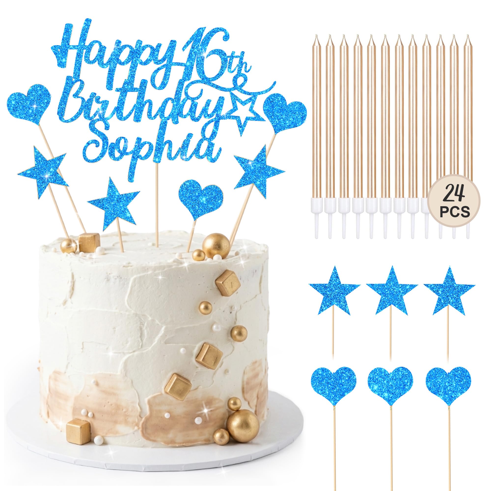EDSG Personalised Happy Birthday Cake Topper with 24 Candles, Double-Sided Glitter Cake Decorations with Any Age Name, Birthday Party Supplies for Boys Girls Women Man (Blue) โ image 1