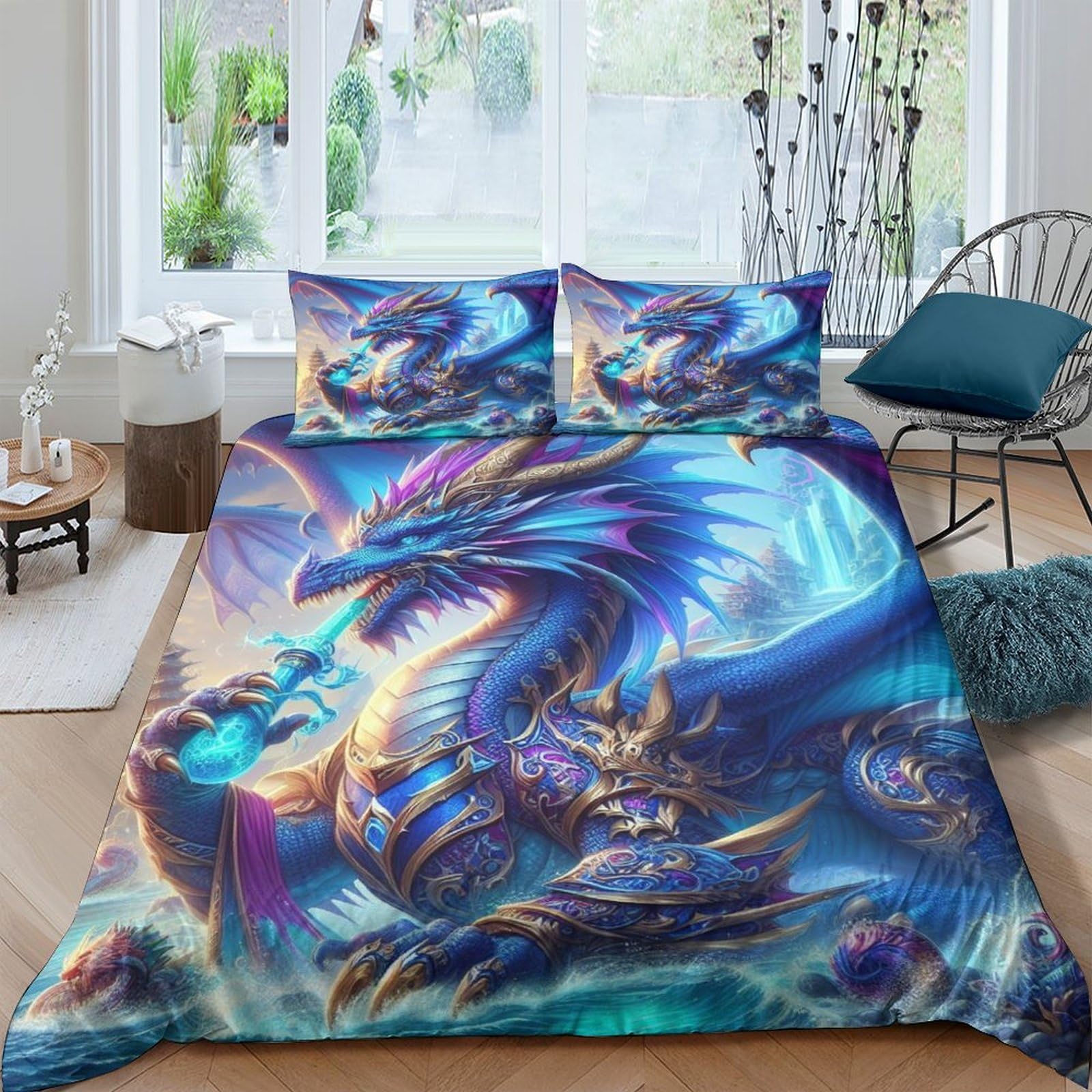 QPIRINMEX Flying Dragon Duvet Cover Set 3D Printed Bedding Quilt Cover Set 3 Pieces Soft Microfiber Bedding Quilt Cover with Zipper Closure for Teens And Adults Double（200x200cm）