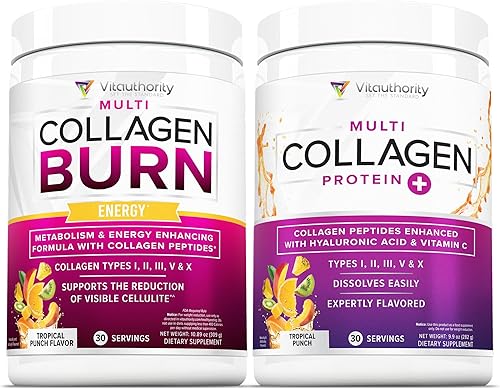 Vitauthority Multi Collagen Burn Energy Péptidos de Proteína Hidrolizada con Ácido Hialurónico Tropical Punch y Multi Colágeno Peptides Powder para
