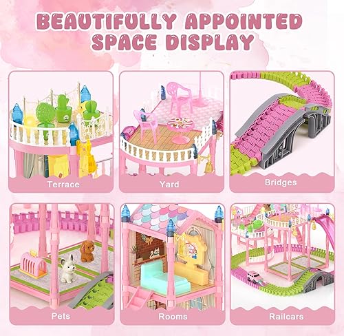 Miniatura 4 de Casa de muñecas con luces y set de juguete de coche de pista, casa de muñecas de princesa para niñas, 3 muñecas, mascotas, coche, muebles