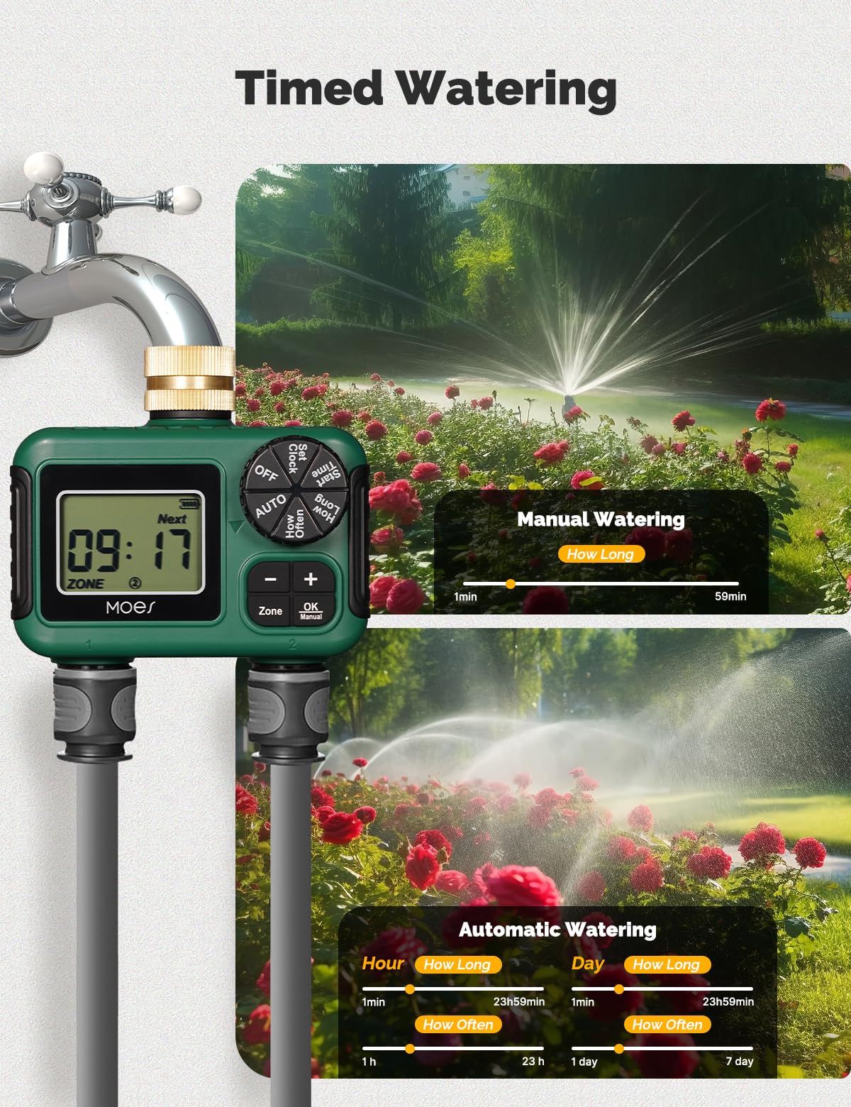 MOES Timer irrigatore a 2 uscite, ingresso in ottone, regolatore automatico programmabile per irrigazione, ritardo pioggia, irrigazione manuale, timer per tubi dell'acqua a 2 zone per giardini, prati