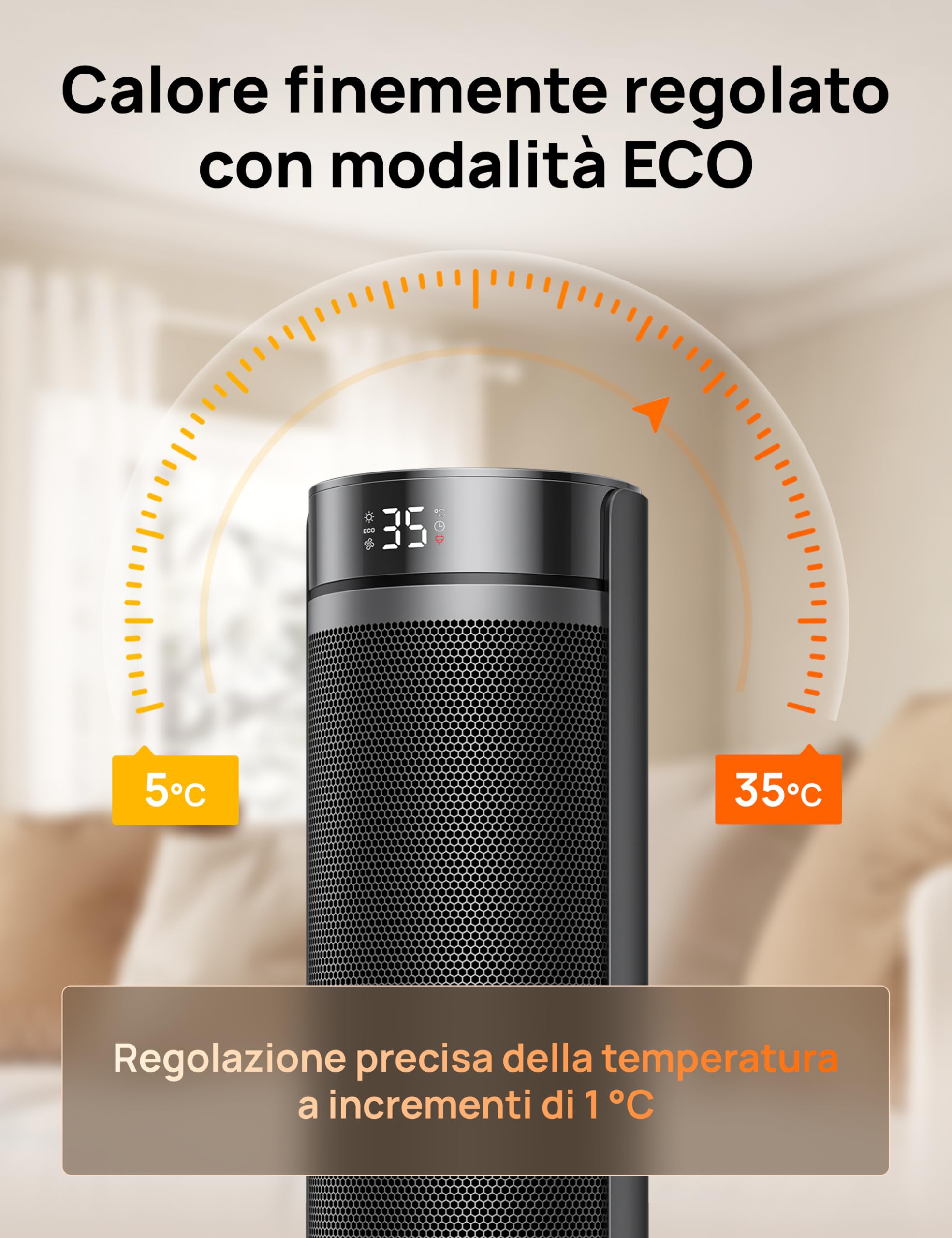 DREO Stufa a Torre 23 Pollici 2000W Silenziosa, Riscaldatore Portatile con Telecomando, Oscillazione 70°, Timer 12H, 5 Modalità, Termoventilatore in Ceramica PTC con Termostato per Casa e Ufficio