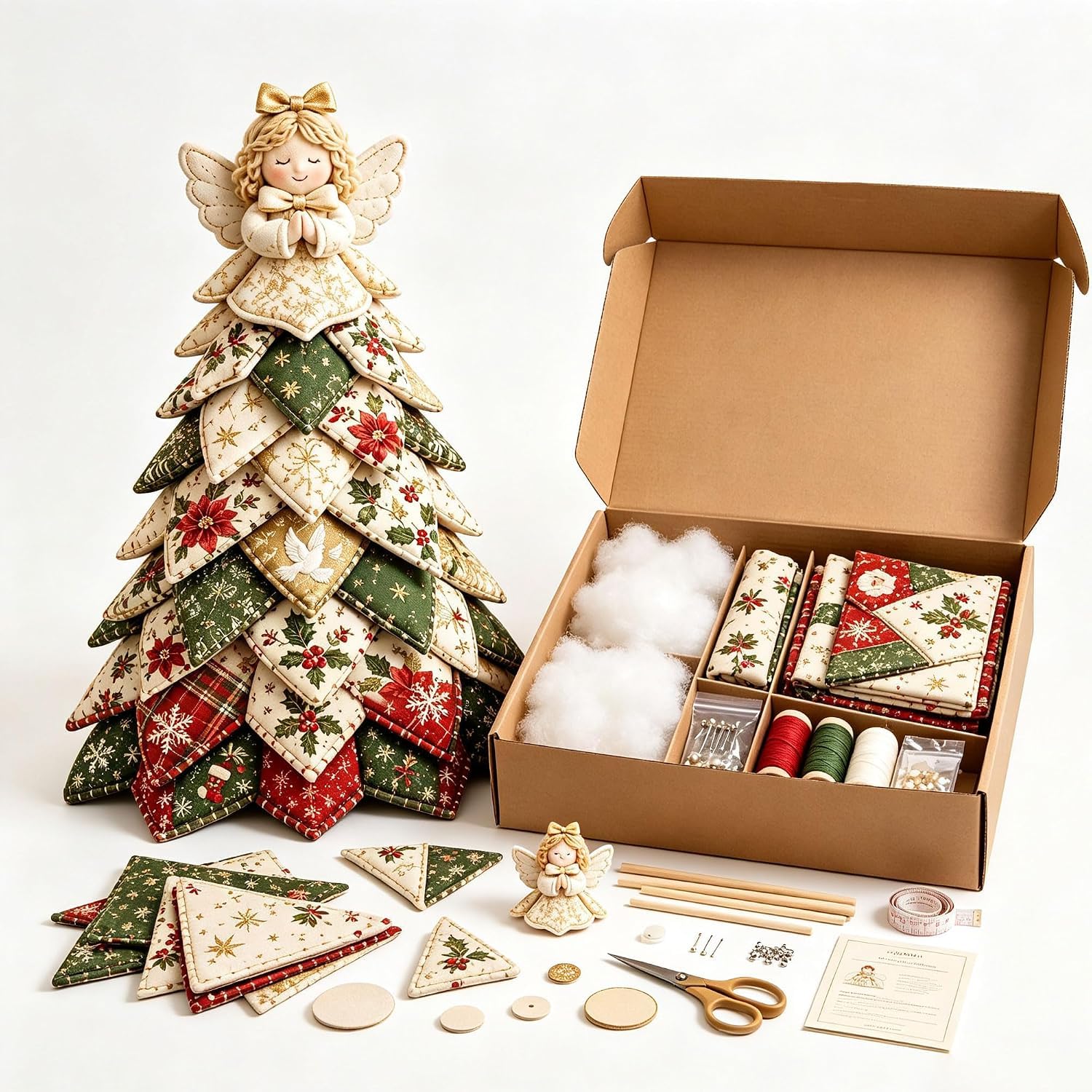 DIY Quilted Christmas Tree Kit, 3D Fabric Patchwork Craft Set for Beginners, Handmade Tabletop Holiday Decor, Ideal for Home Mantel Table Office Display，*F