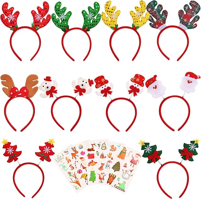 Faburo 10pcs Christmas Headbands Reindeer Antler snowman Headbands Christmas sticker for Christmas Holiday Party 10 styles