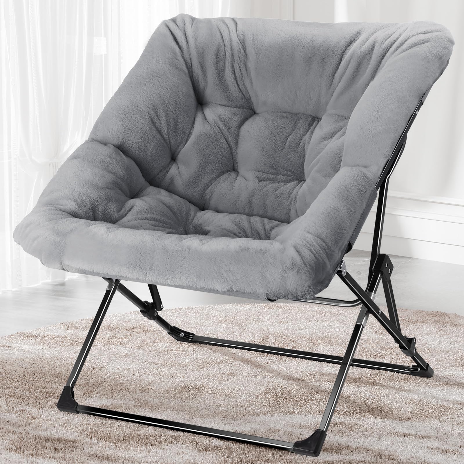 Comfy Saucer Chair, Folding Faux Fur Lounge Chair for Adults Teens Kids, Soft Lazy Flexible Seating Chair Moon Chair with Metal Frame for Bedroom, Living Room, Dorm Rooms(Grey)