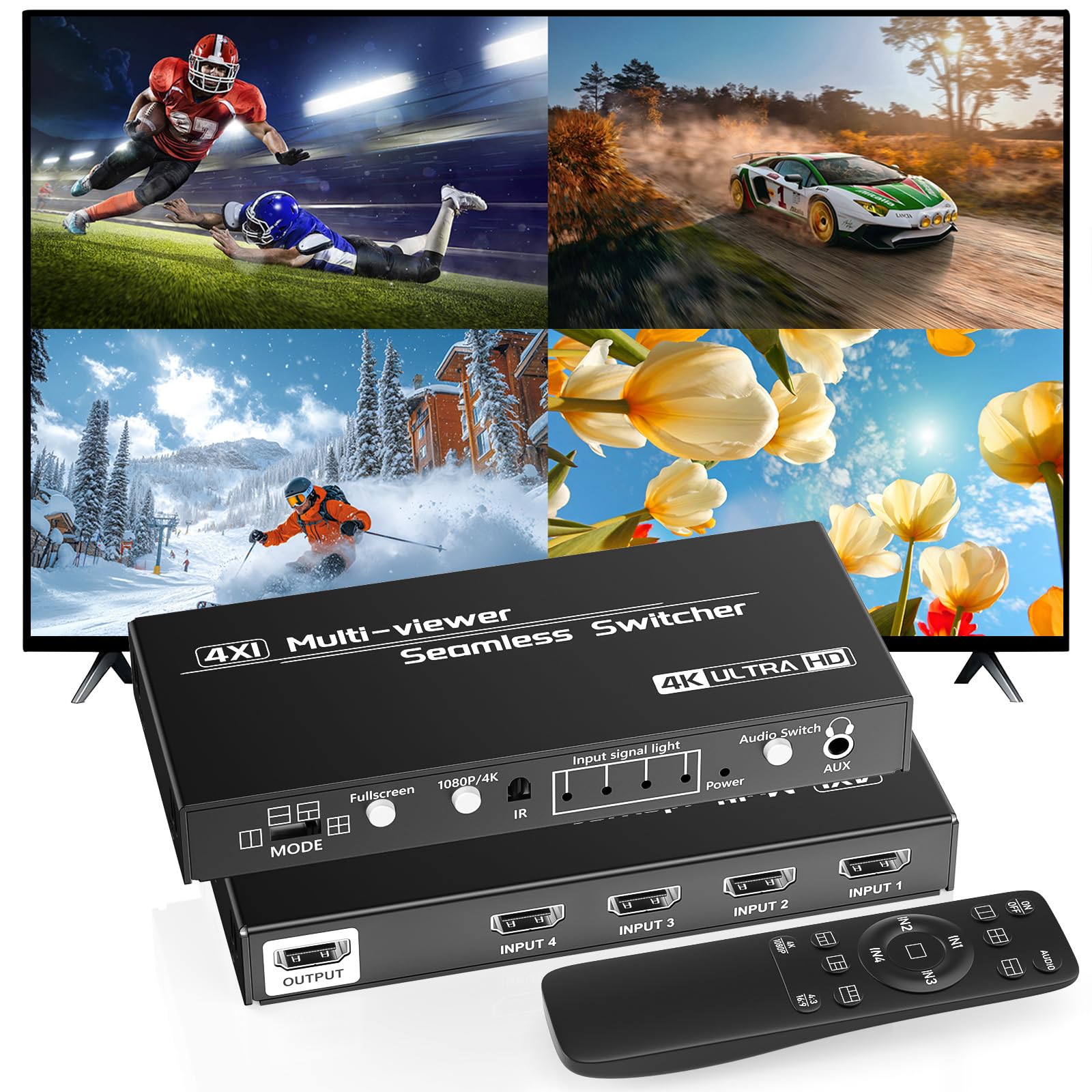 Interruptor multivisor HDMI 4x1, conmutador sin costuras, 4 en 1, interruptor de salida con control remoto IR, salida de audio de 3.5 mm, compatible con 1080p 60Hz, actualización de 10 modos de