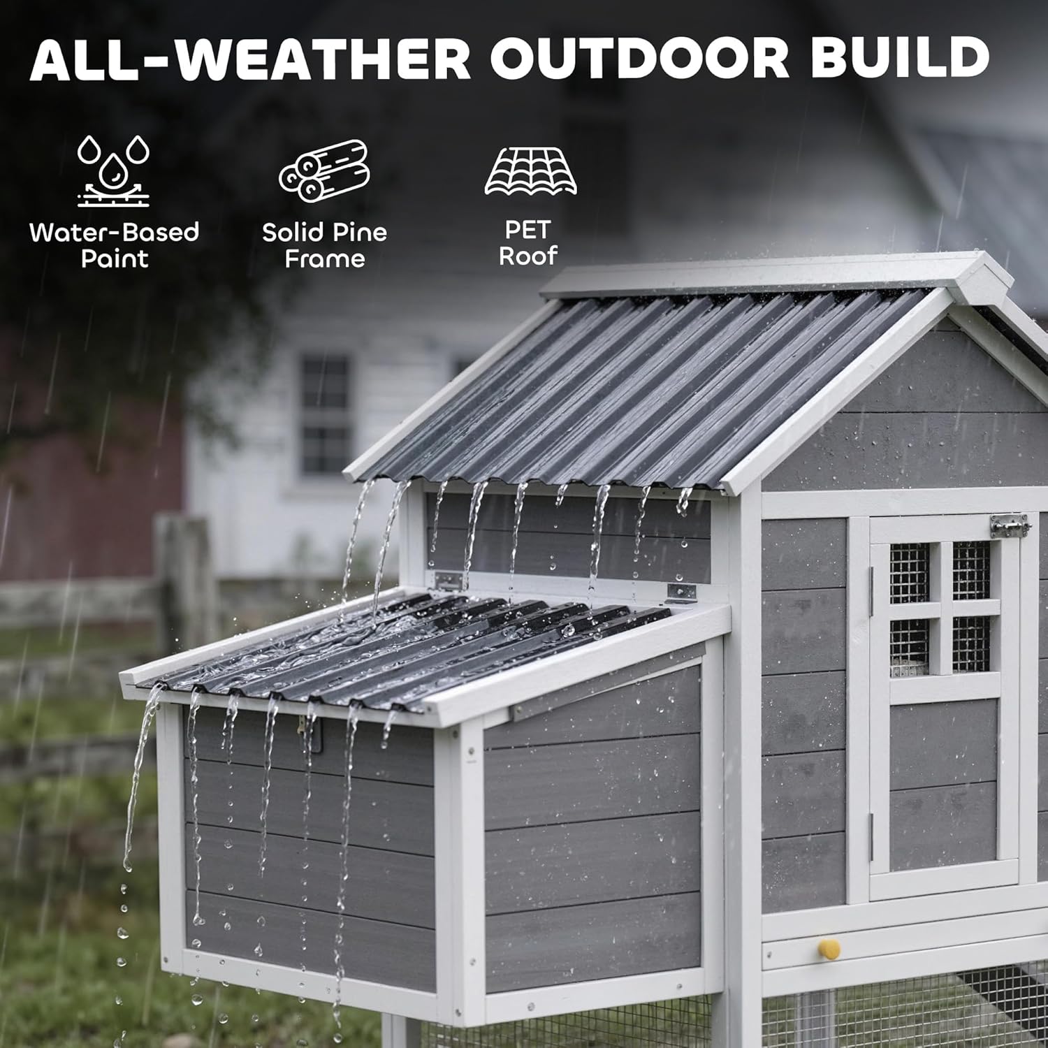 PawHut 82" Wooden Chicken Coop, Large Outdoor Hen House Poultry Hutch for 2-3 Hens, Chicken House with Nesting Box, Pull-on Tray, Waterproof Roof, Ramp and Roosting Bars for Backyard, Gray