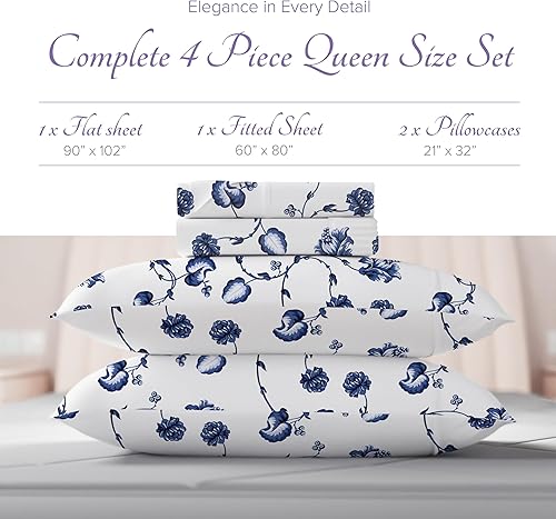 Miniatura 3 de Carressa Linen Juego de sábanas de algodón egipcio de lujo tamaño Queen, juego de 4 piezas de grapas extralargas de 600 hilos, sábanas estampadas