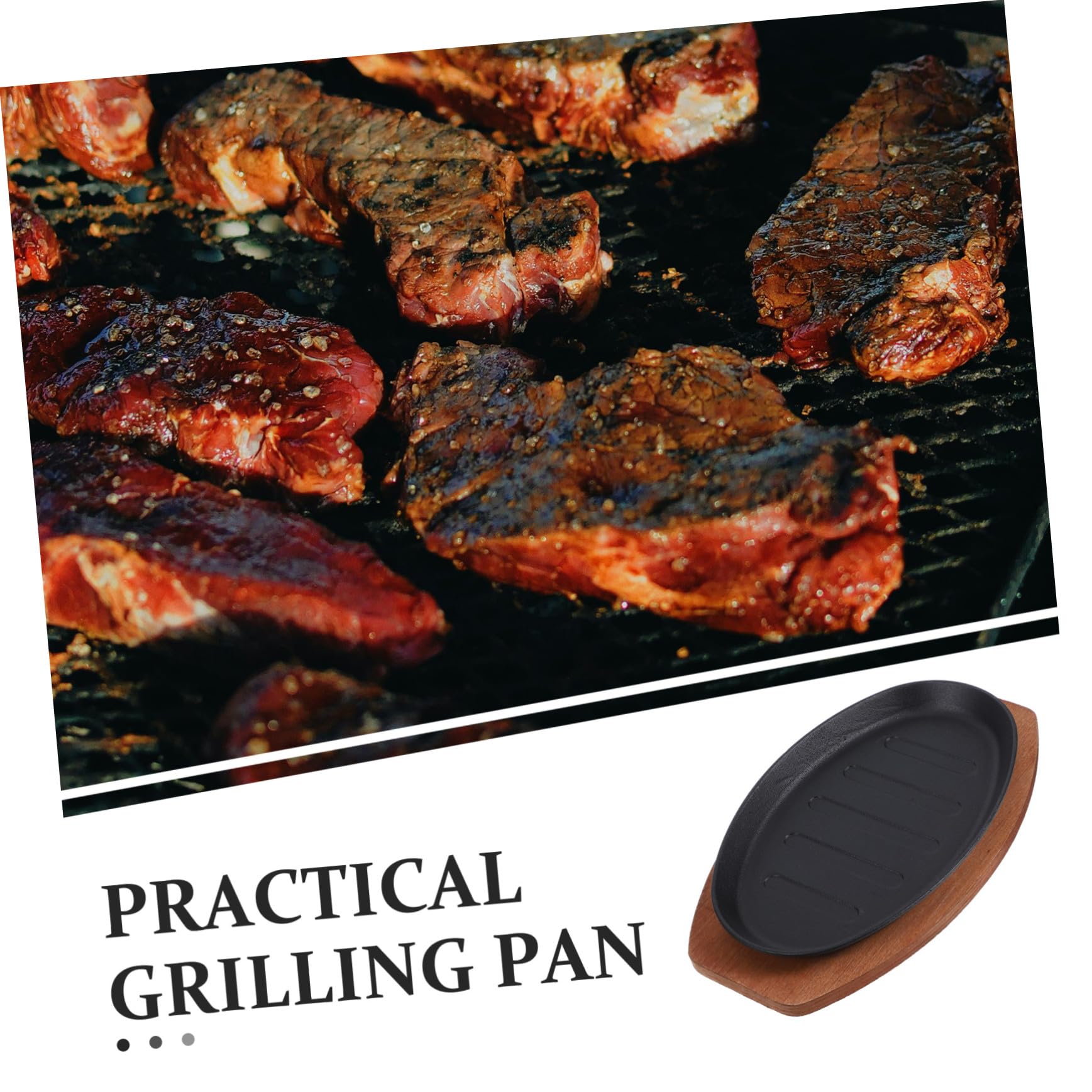 Plancha de Hierro Fundido para Bistec con Base de Madera Superficie Lisa y Fácil de Limpiar Adecuado para Freír Papas y Asar Carnes en Casa
