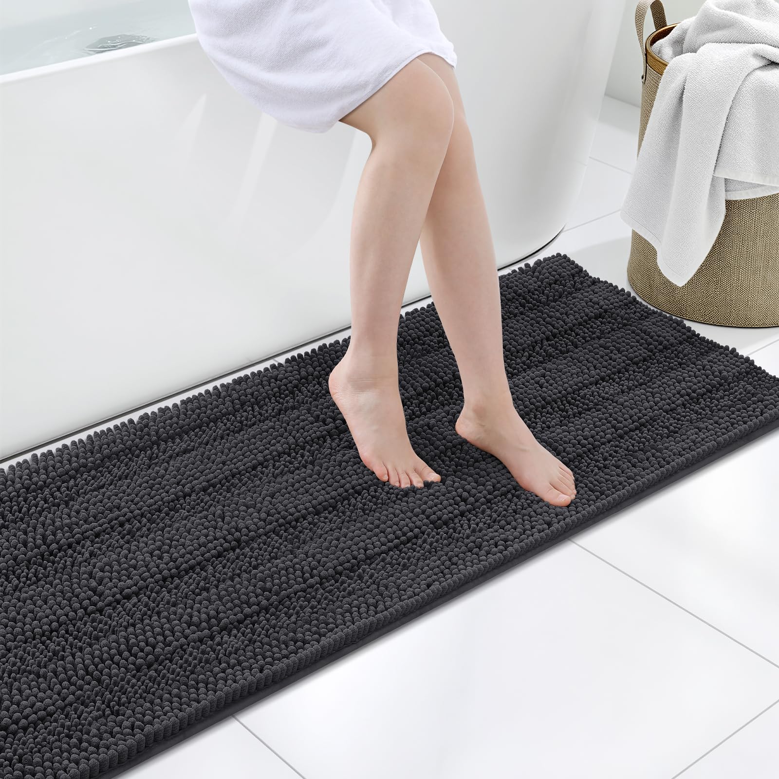Grandaily Chenille Bathroom Rugs 47x20, Soft Absorbent Bath Mats, Charcoal