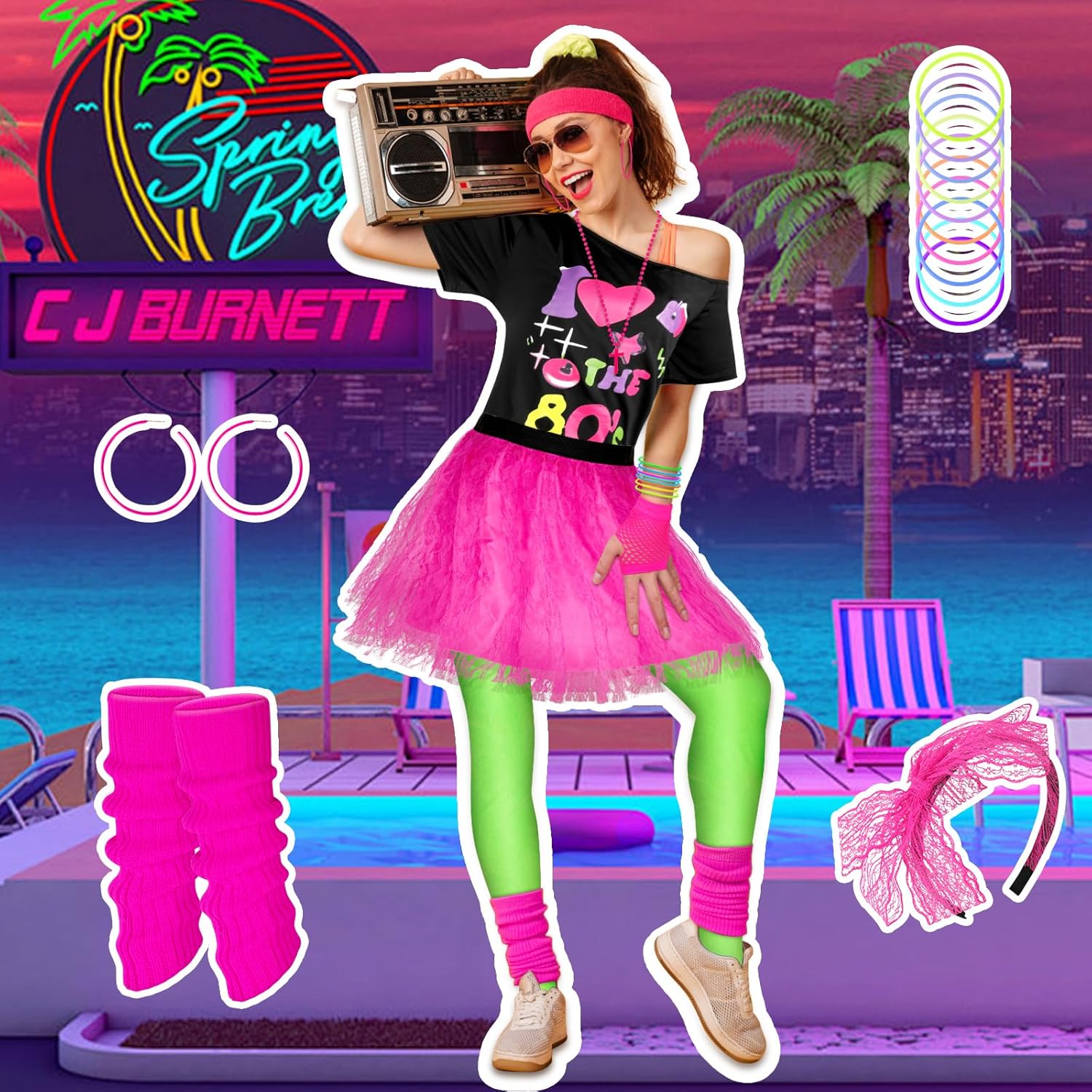 80s Costume Set for Women 80s Outfit Accessories Set Off Shoulder Pink T Shirt Leggings Bracelets Hairband Fishnet Gloves Beaded Necklace for Hollowen Party-M - Image 5