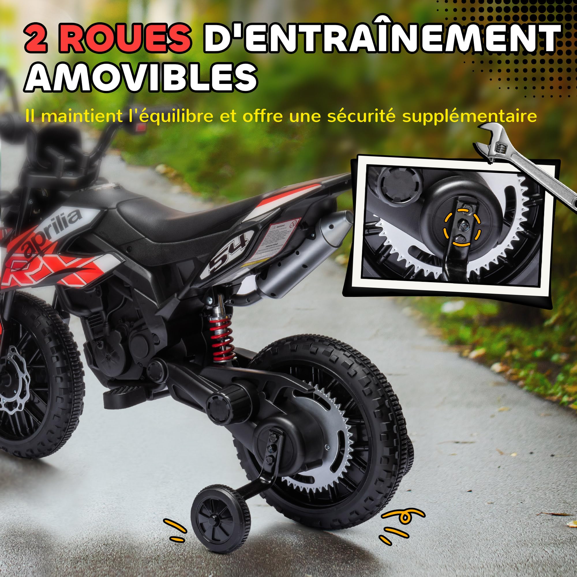 AIYAPLAY Moto électrique Enfants Moto Cross pour Enfant sous Licence Aprilia avec 2 Moteurs 12V, Vitesse Max. 6 km/h, Roues d'entraînement, Suspension à Ressort, lumière LED, Musique, USB - Rouge