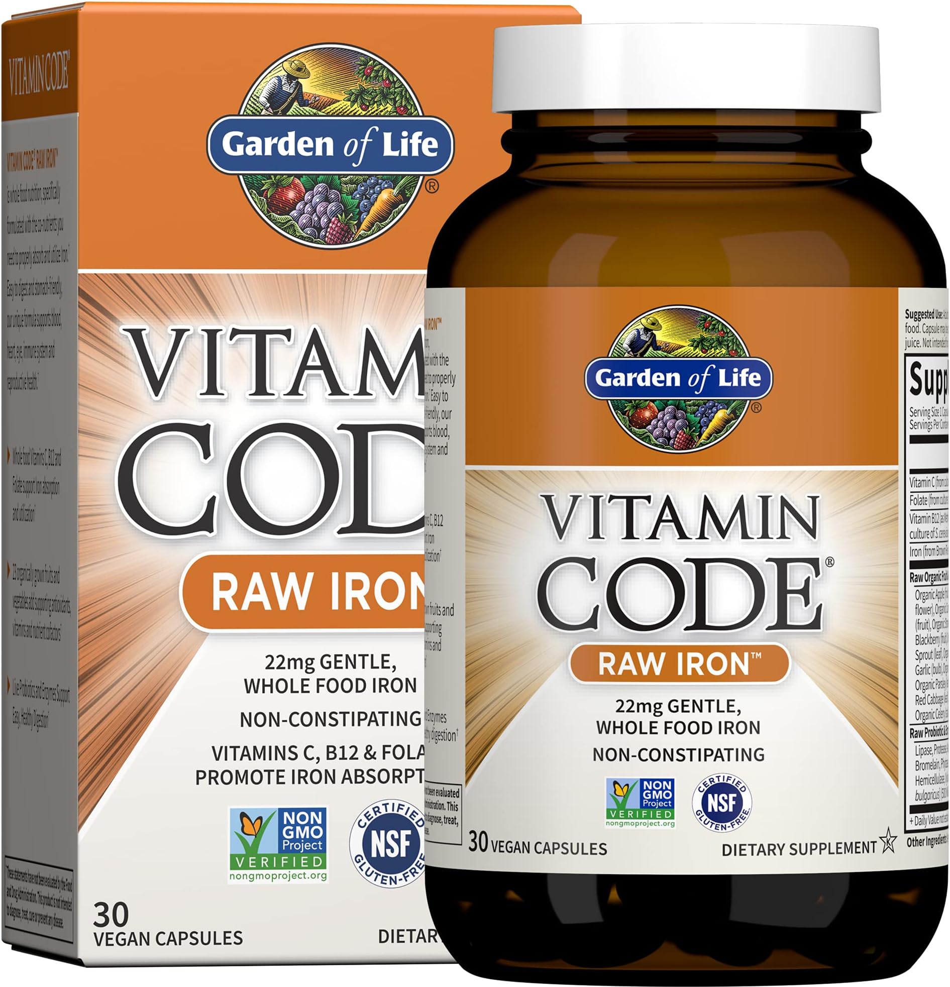 Vitamin Code Raw Iron Supplement - 30 Vegan Capsules, 22mg Once Daily Iron, Vitamins C, B12, Folate, Fruit, Veggies & Probiotics, Iron Supplements for Women, Energy & Anemia Support