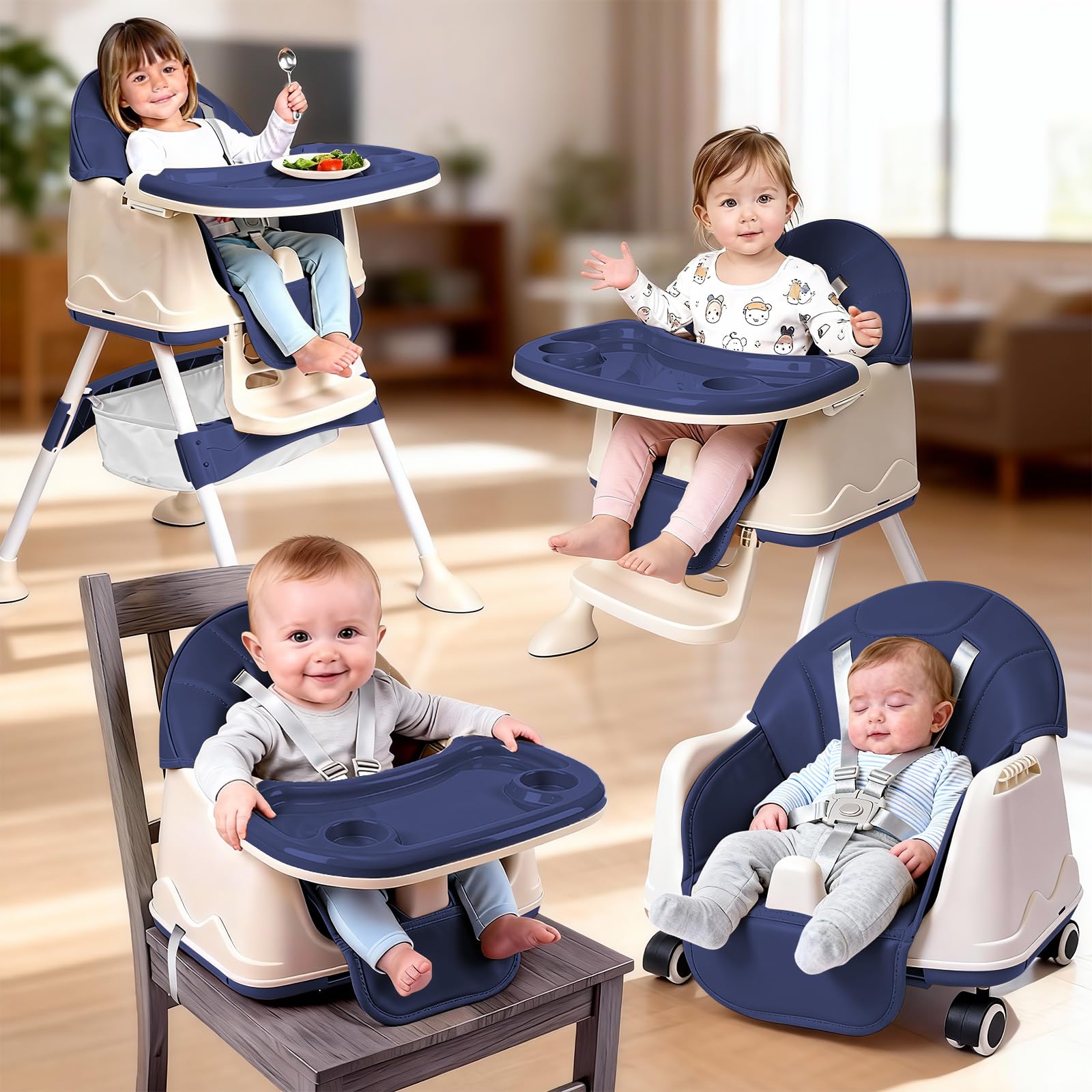 Soontrans Hochstuhl Baby Mitwachsend Ab Geburt bis zum Spielerischen beim Familienalltag, 2-Dach Höhenverstellbar & mit Esstablett & 3-Positionen Fußstütze, Gepolstert Sitzbereich & Metallrahmen (Blau