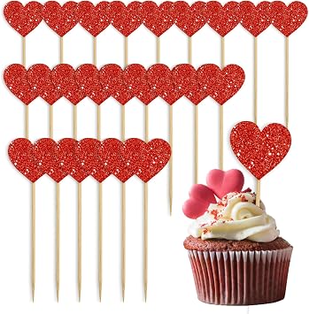 Heart Cupcake Toppers, 24 Pcs Valentines Cupcake Toppers, Glitter Sweet Love Cupcake Heart Picks Valentines Day Cake Decorations for Wedding Engagement Bridal Shower Valentines Day Party Supplies
