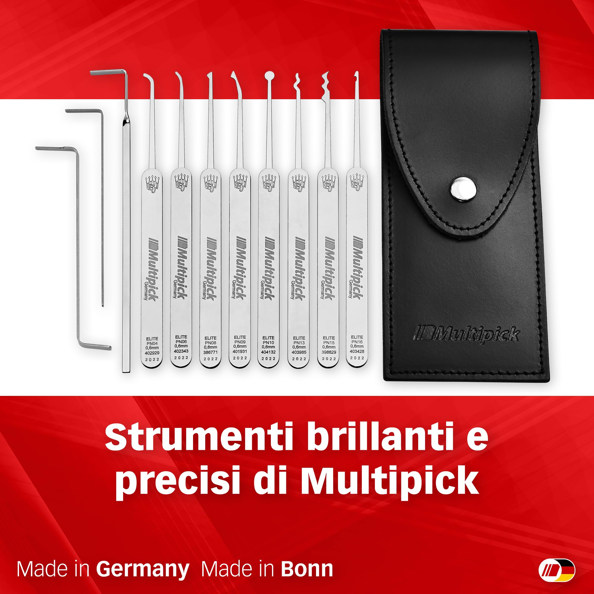 MULTIPICK ELITE 11 Lockpicking Set [11 parti | 0,6 mm] Grimaldelli per Serratura - Kit Grimaldelli - Apri lucchetto - Kit Scassinatore incl. tenditore - Grimaldello & Grimaldelli